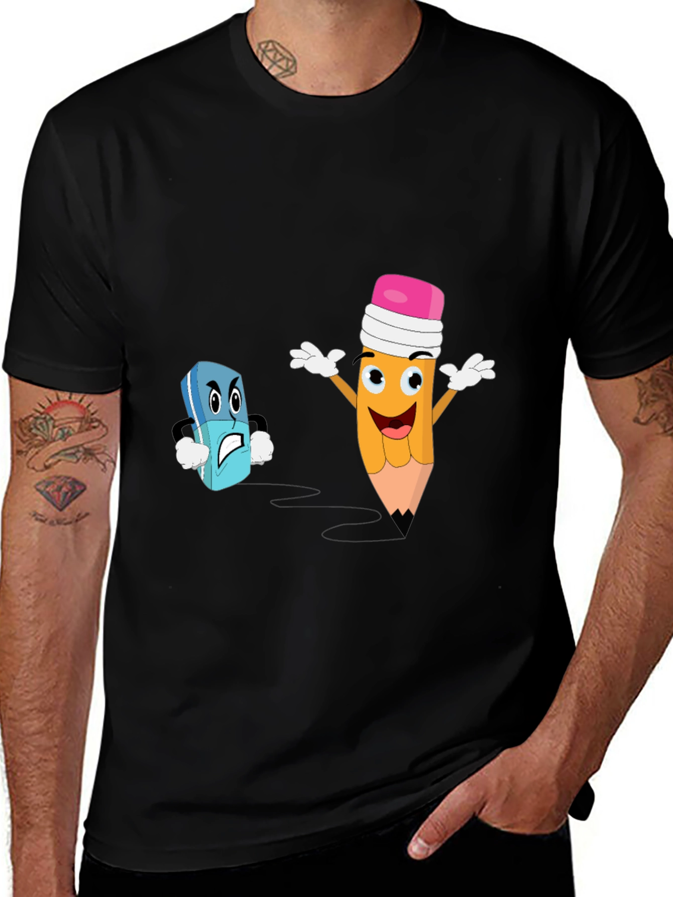 Variant 2 of Funny Pencil vs Eraser Cartoon Black T-Shirt