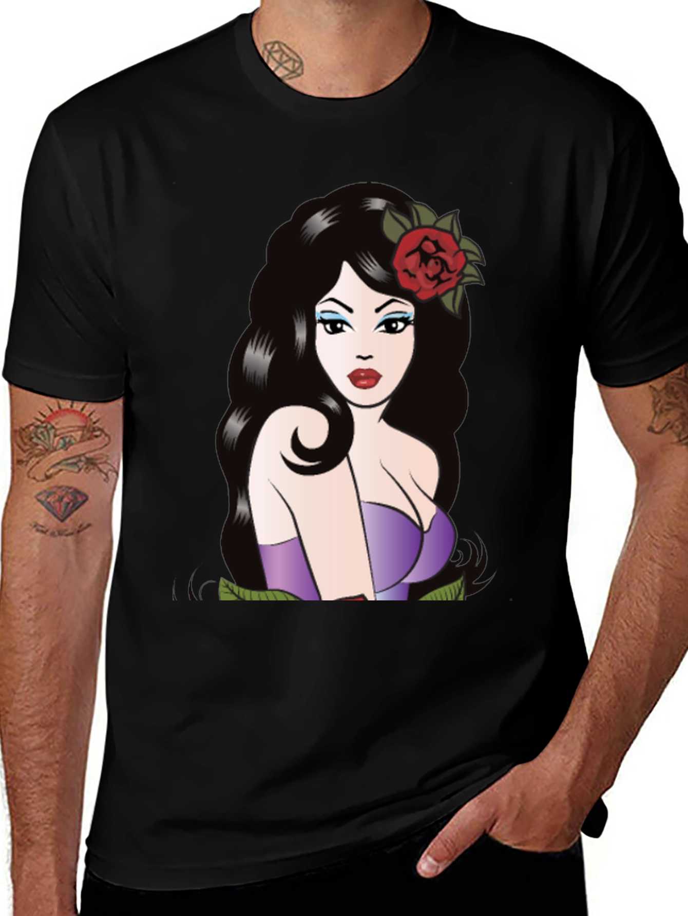 Variant 14 of Vintage Pin-Up Girl Graphic Tee - Black Cotton Blend