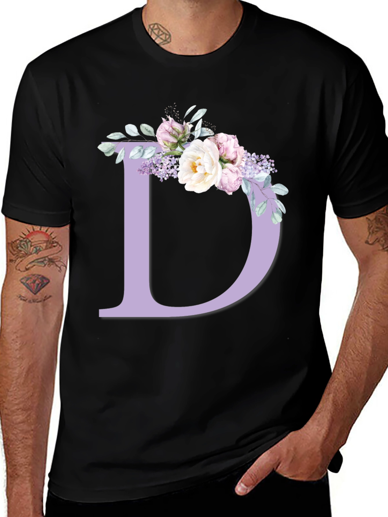 Variant 28 of Floral Letter D Black T-Shirt