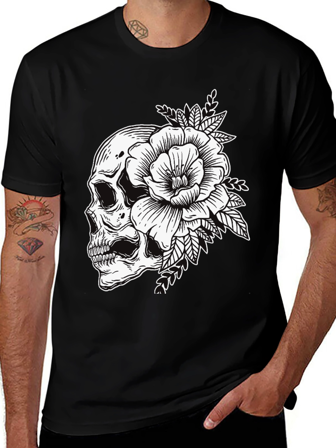 Variant 28 of Skull & Rose Graphic Tee - Black