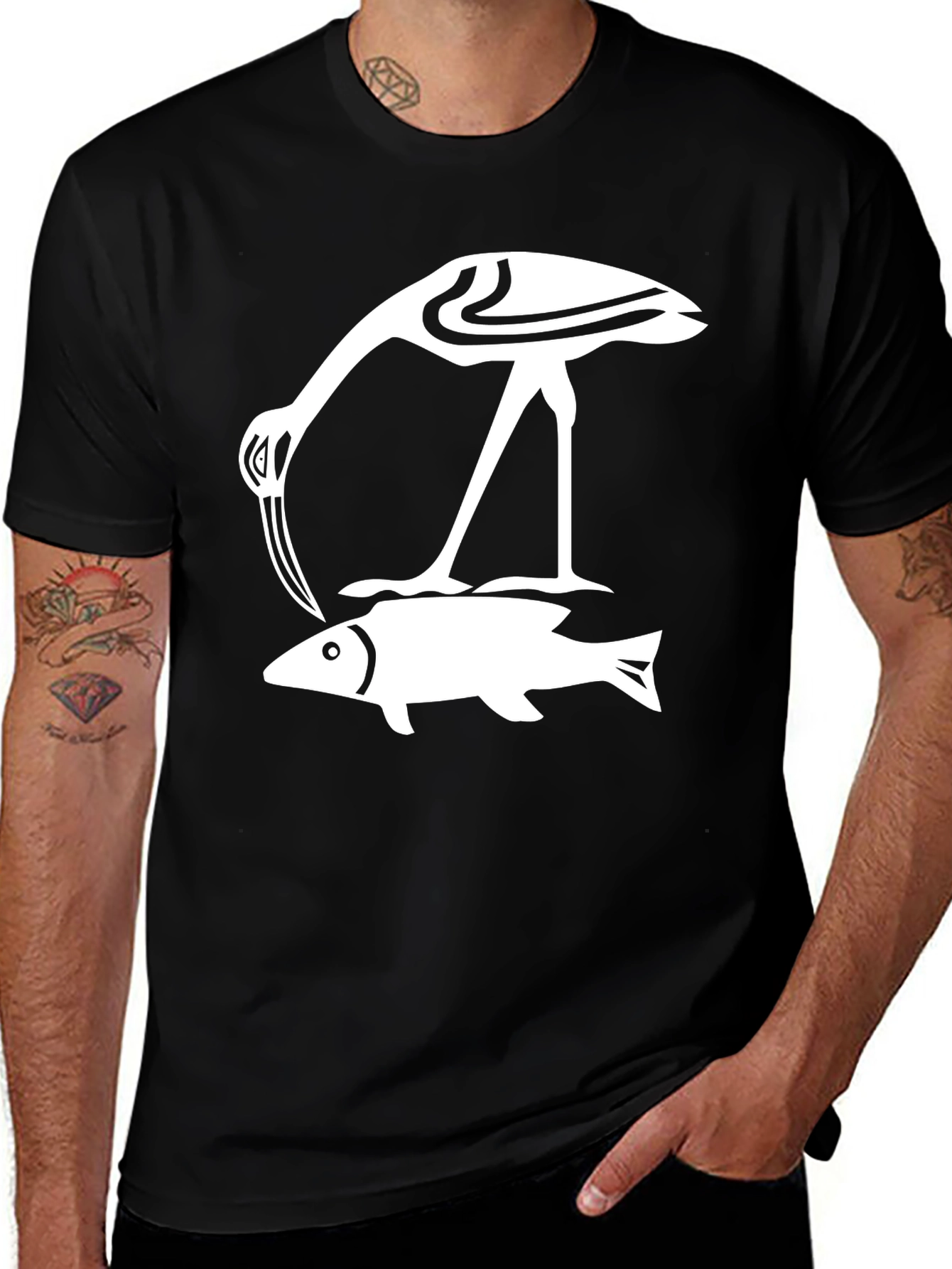 Variant 13 of Black T-Shirt with Crane and Fish Design