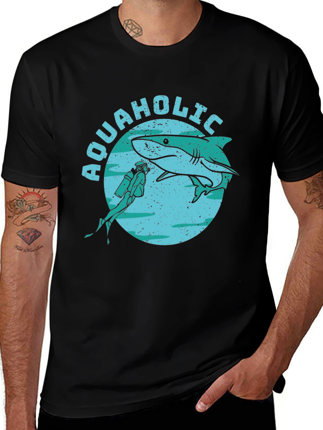 Variant 9 of Aquaholic Diver Shark Graphic Tee - Black Cotton T-Shirt