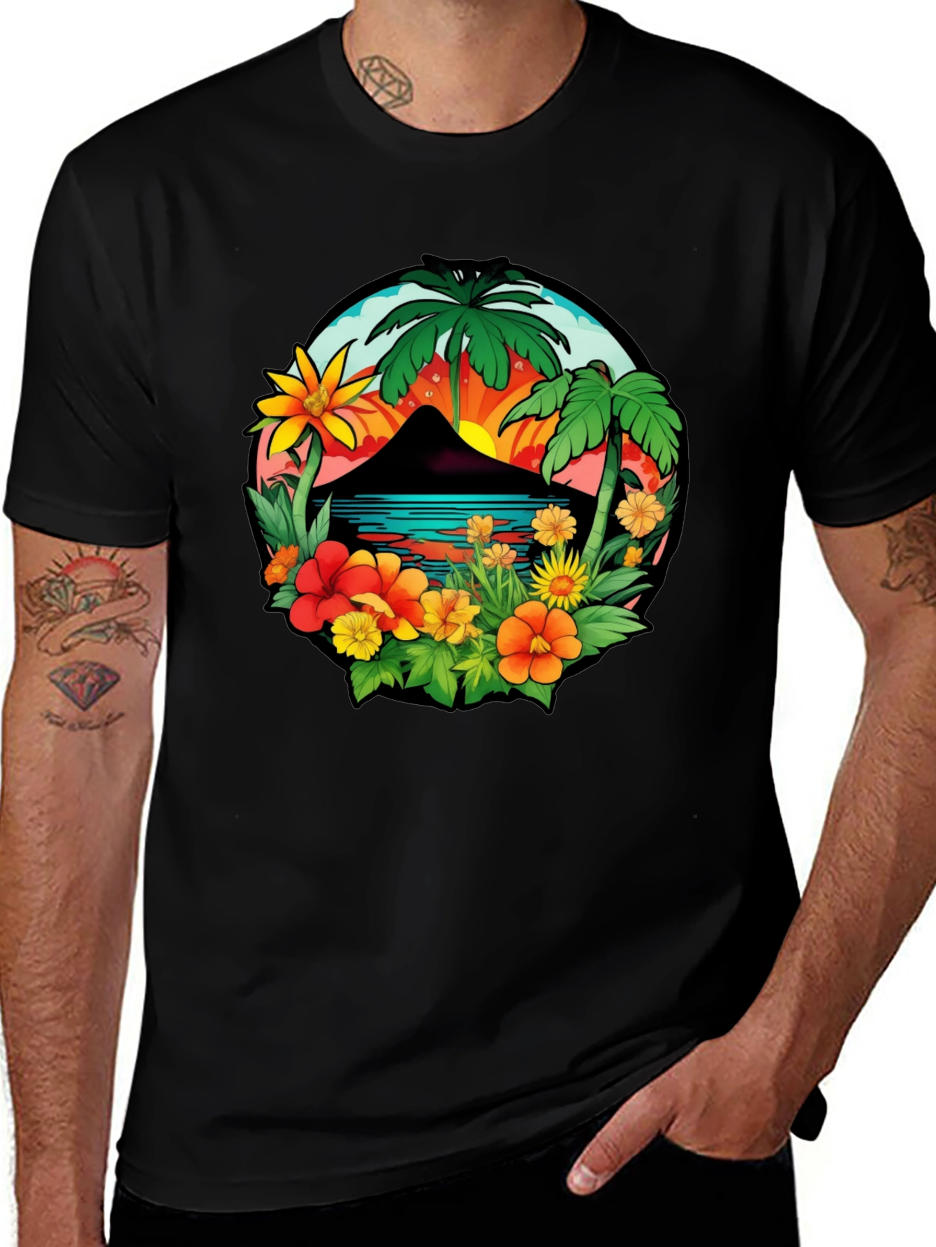 Variant 24 of Tropical Island Graphic Tee - Men's Black T-Shirt