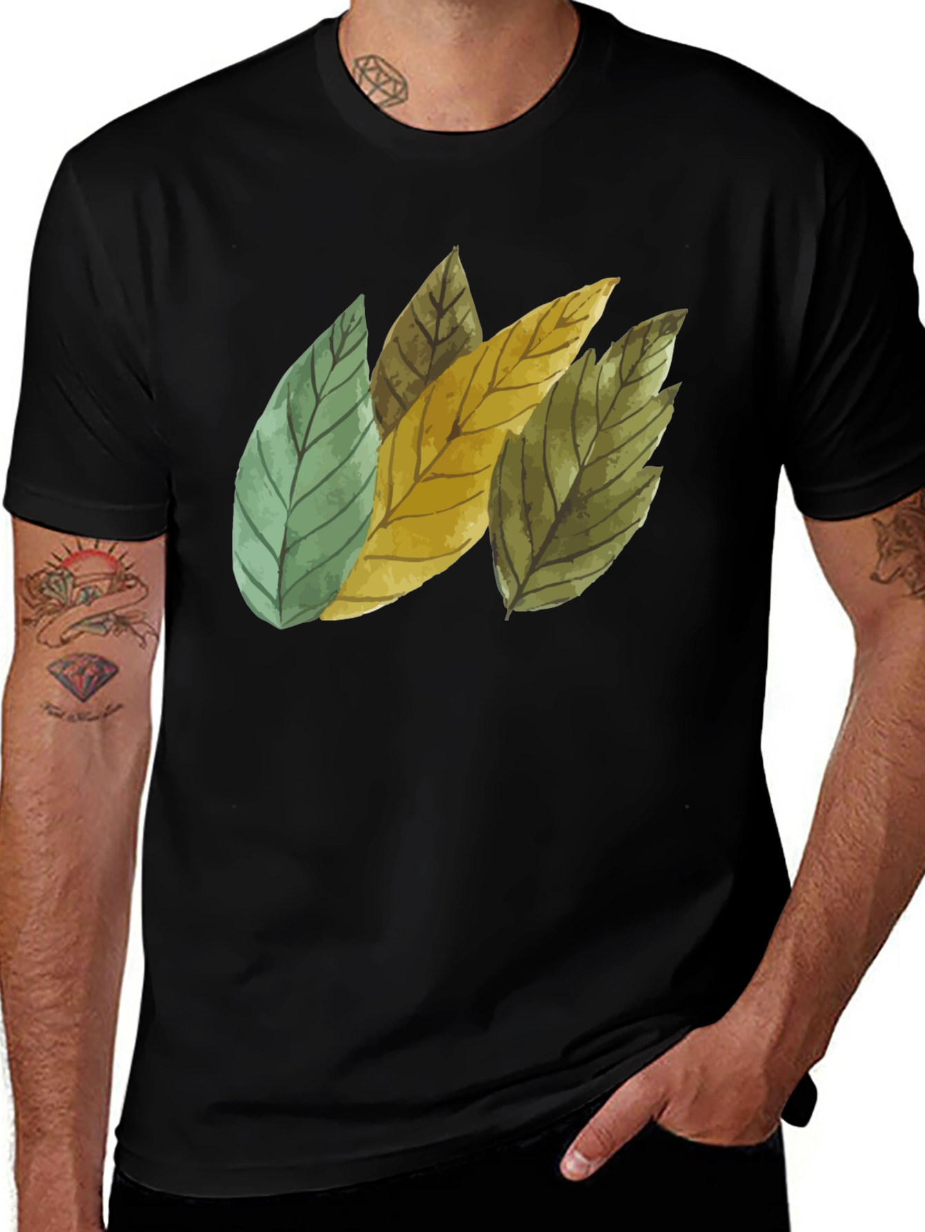 Variant 28 of Leaf Design Black Cotton T-Shirt