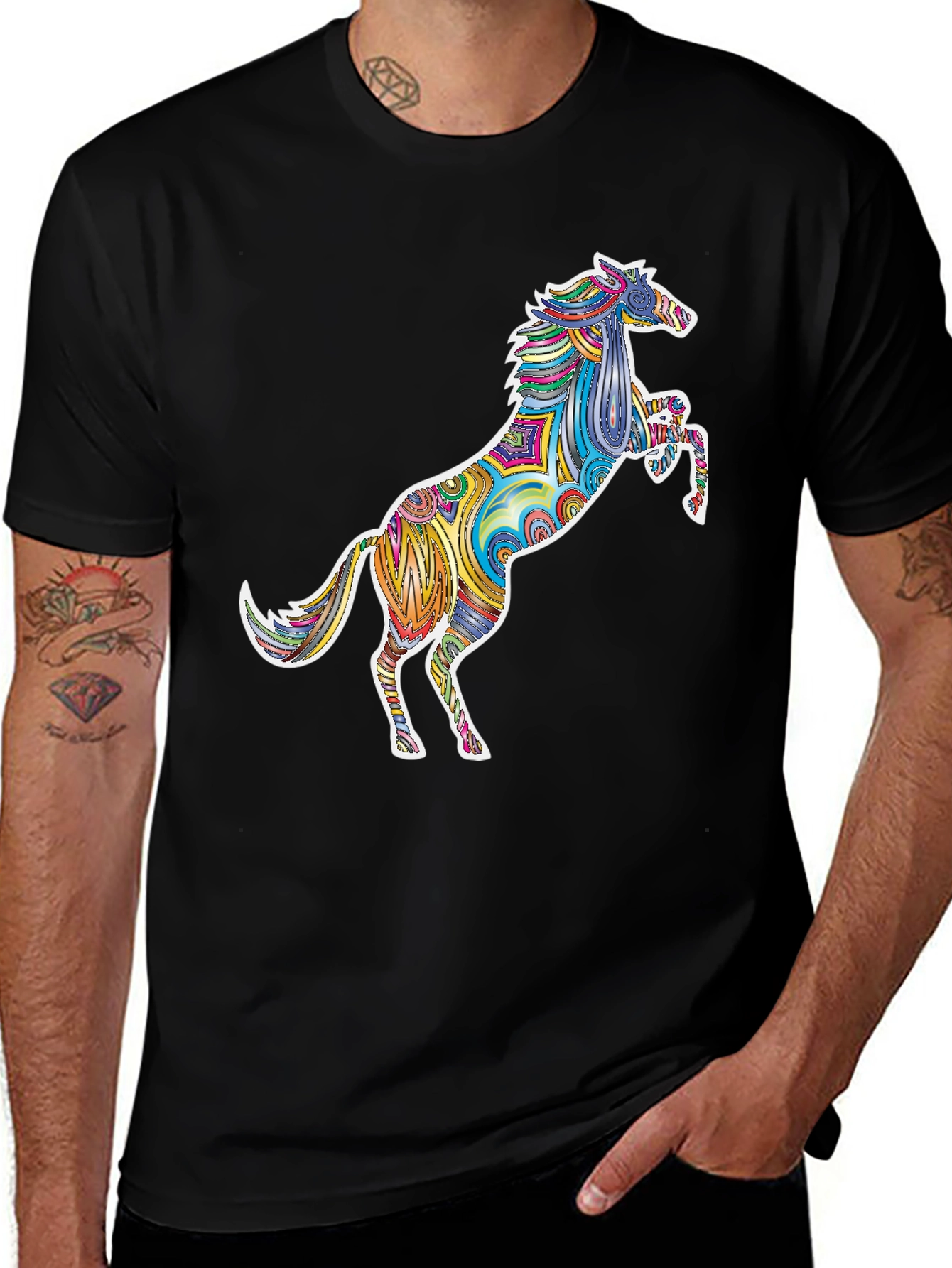 Variant 22 of Colorful Horse Graphic T-Shirt - Black Tee