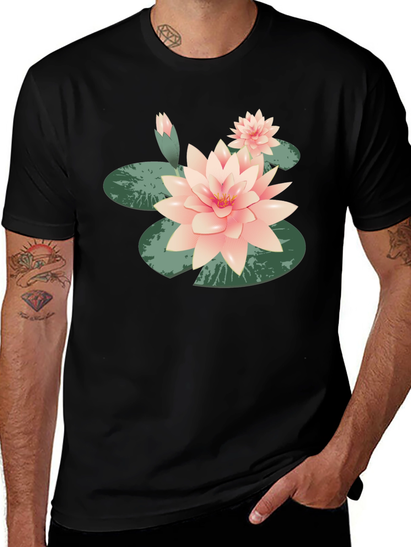 Black Lotus Flower Graphic Tee - Black Cotton Casual main image
