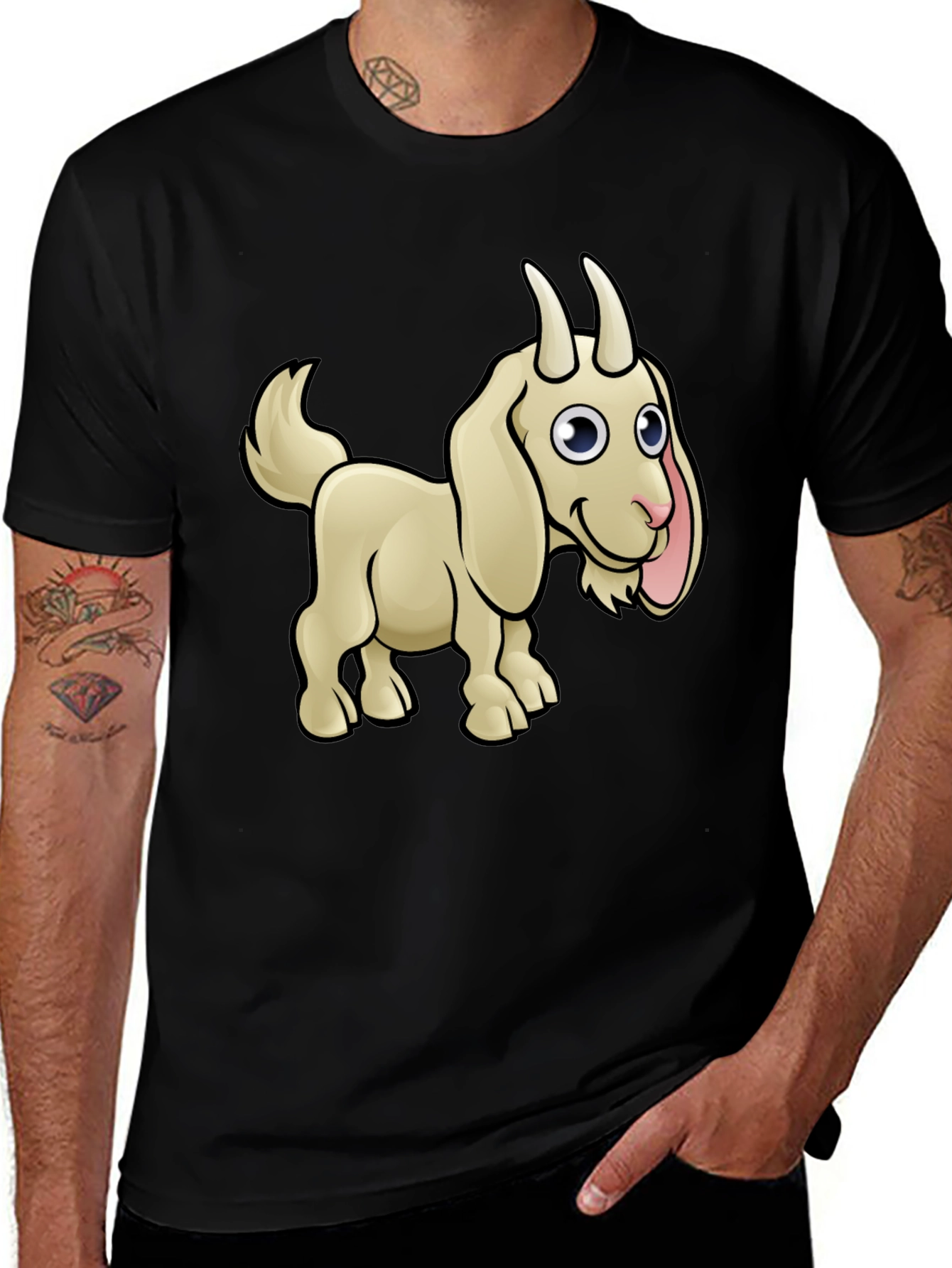 Goat Cartoon Black T-Shirt