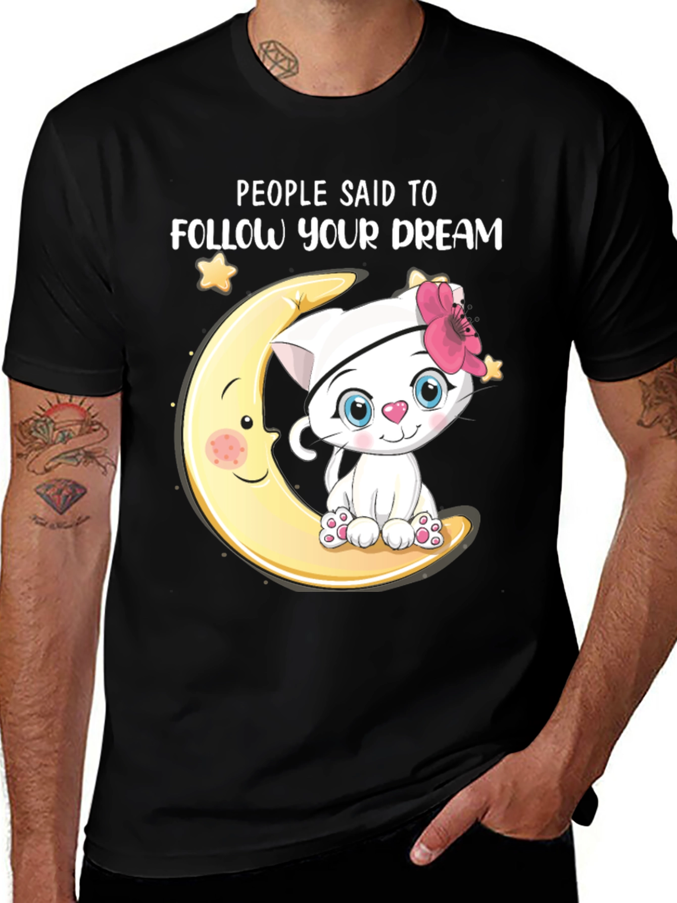 Variant 25 of Dreamy Cat Graphic Tee - Follow Your Dream Black T-Shirt