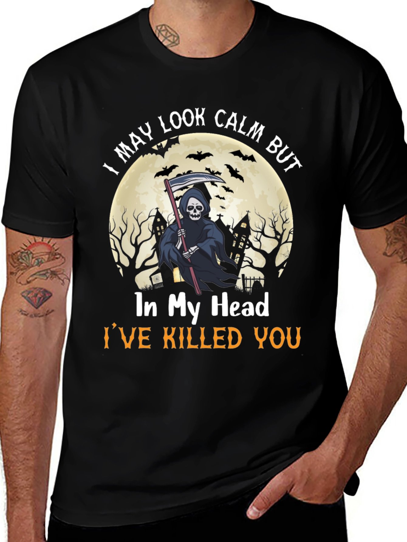 Variant 13 of Grim Reaper Graphic T-Shirt - "I May Look Calm" Design