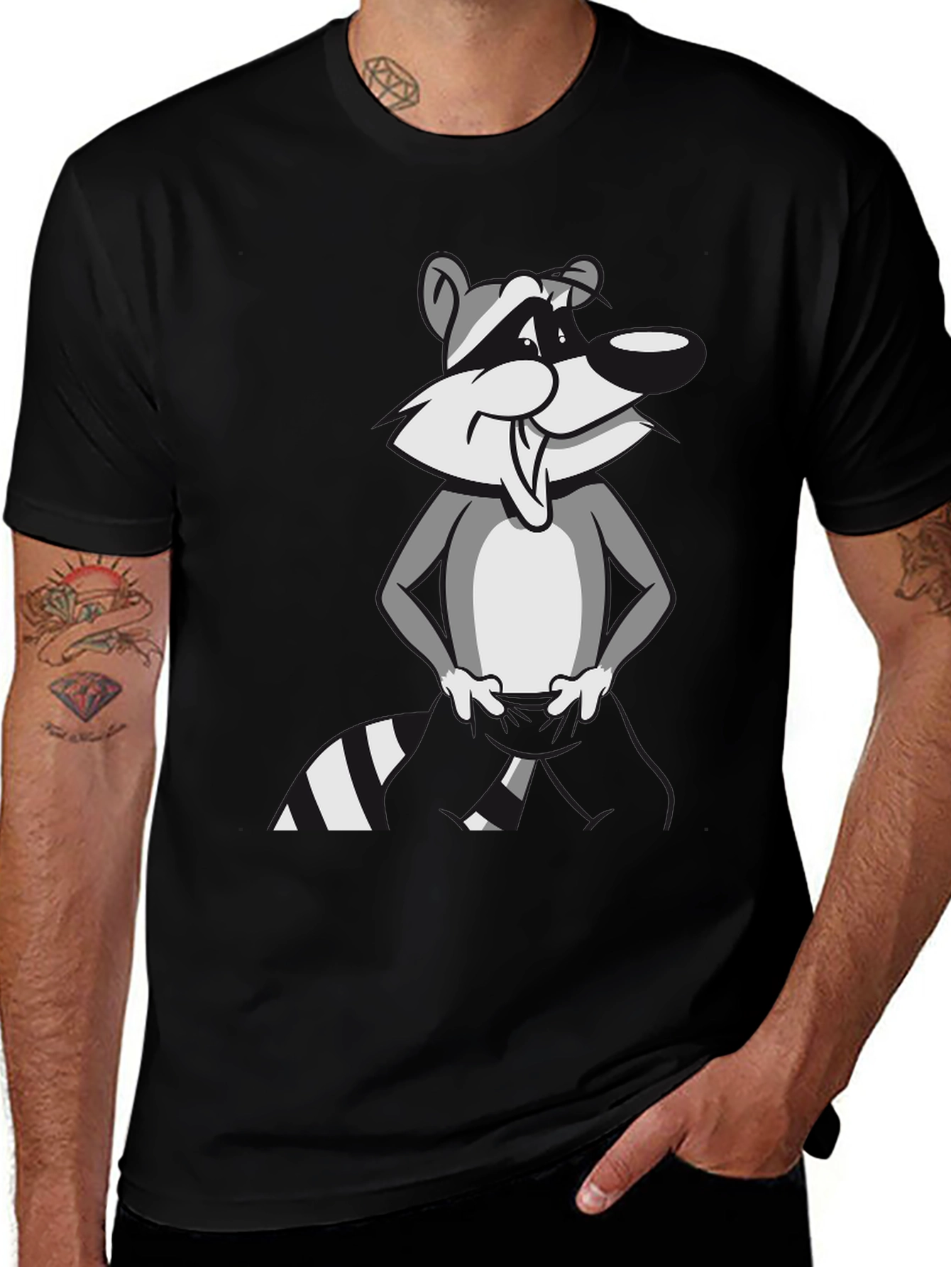 Variant 22 of Cartoon Raccoon Graphic T-Shirt - Stylish Black Tee
