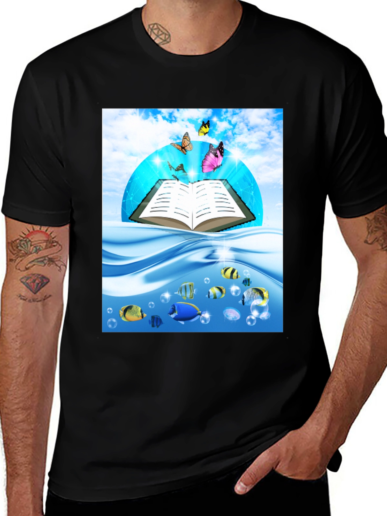 Variant 25 of Open Book Fish & Butterfly Graphic Black T-Shirt