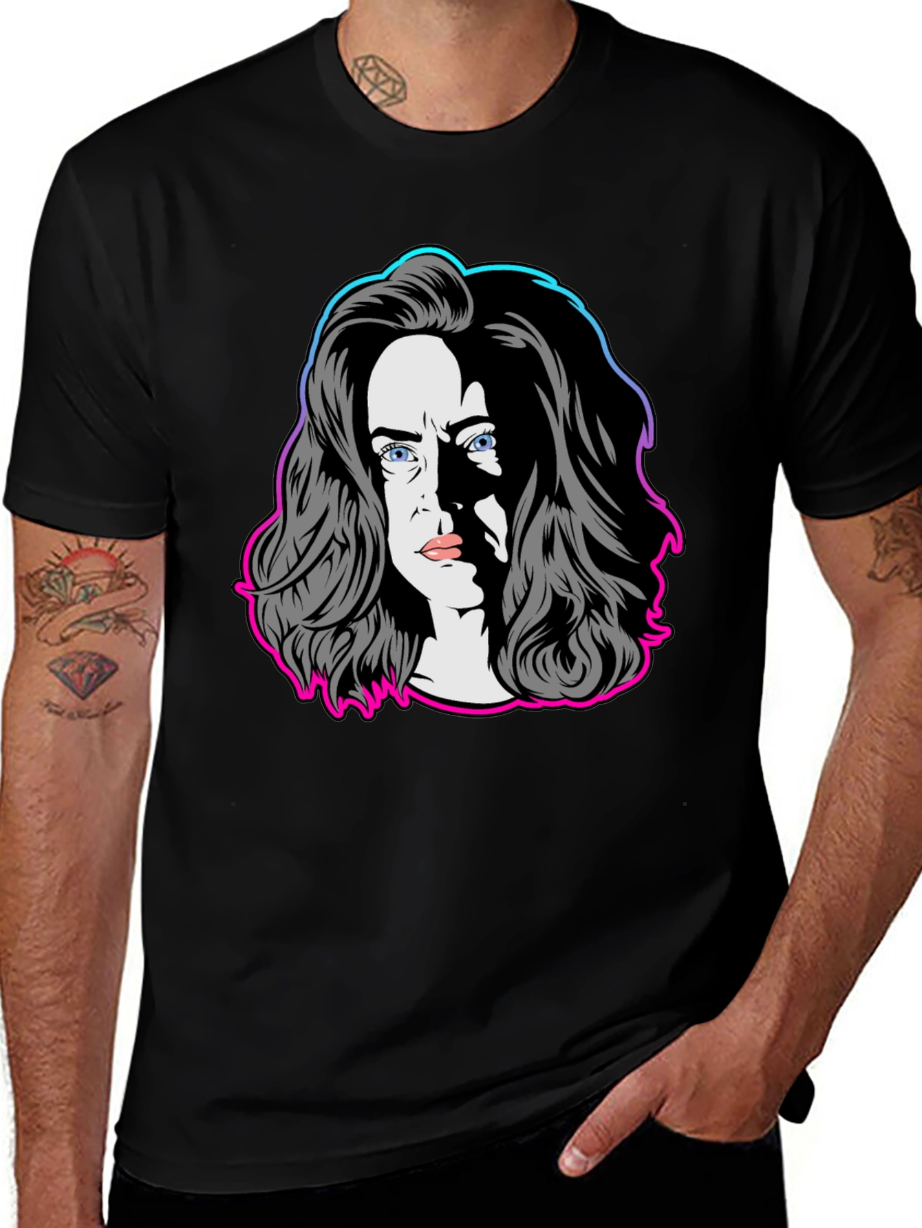 Variant 16 of Pop Art Woman Graphic Tee - Black Crew Neck Shirt