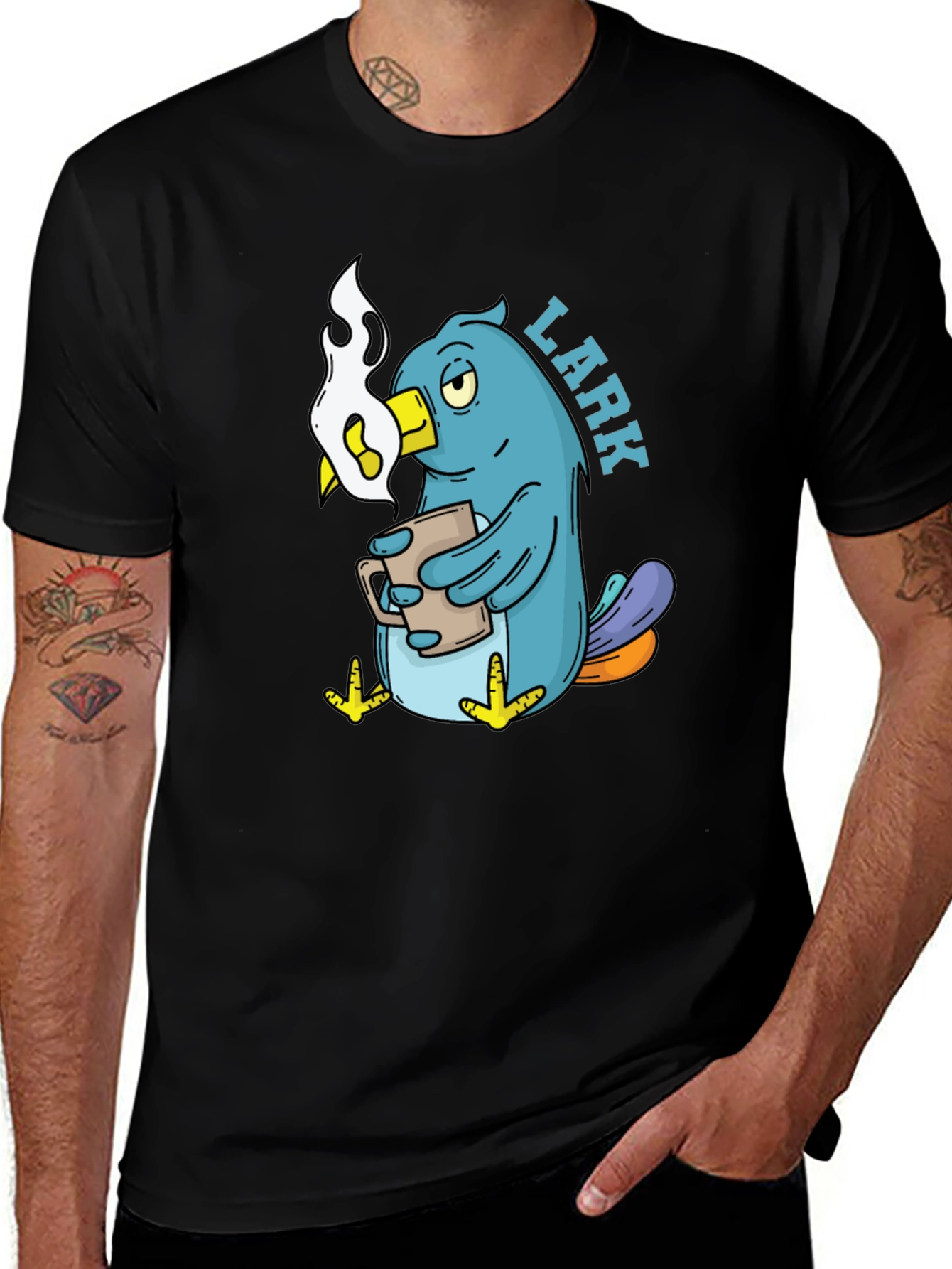 Variant 21 of Lark Coffee T-Shirt - Black Cotton Cartoon Bird Design