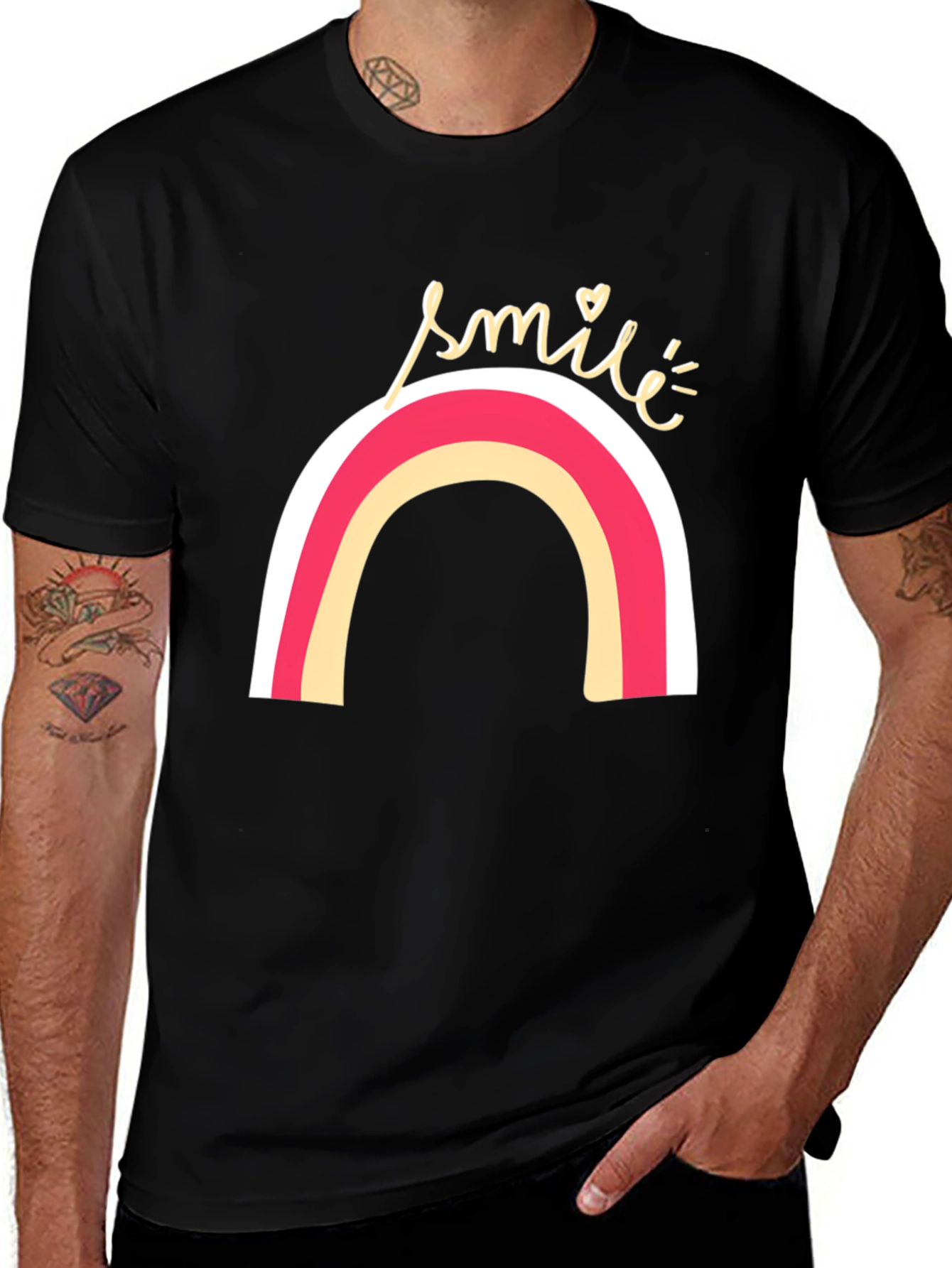 Smile Rainbow Graphic Tee - Black Casual T-Shirt