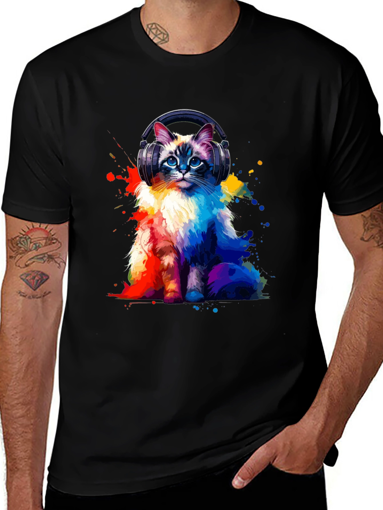 Variant 5 of Cat with Headphones Graphic T-Shirt - Colorful Design