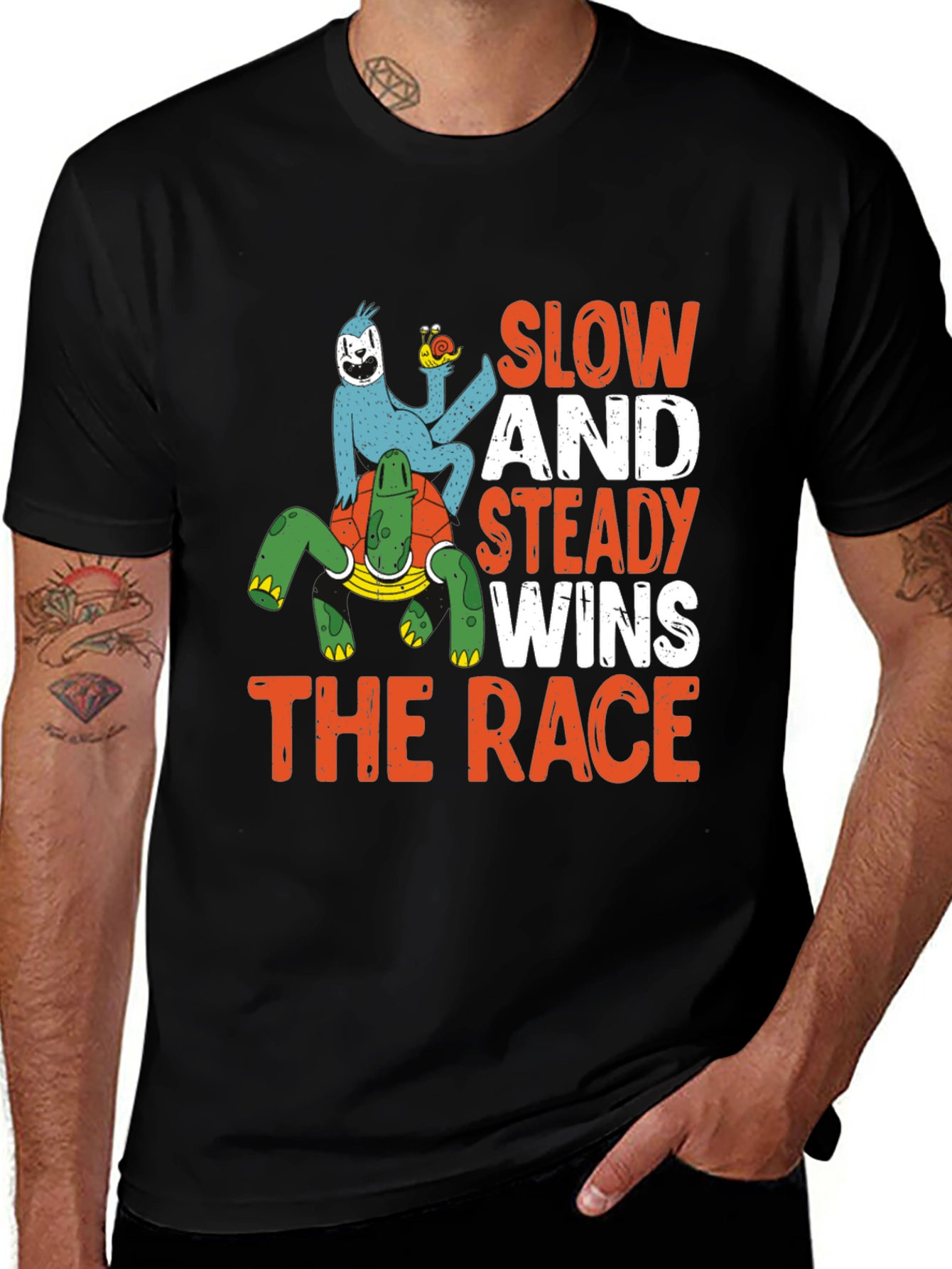 Variant 21 of Slow & Steady Wins T-Shirt - Sloth & Turtle Design