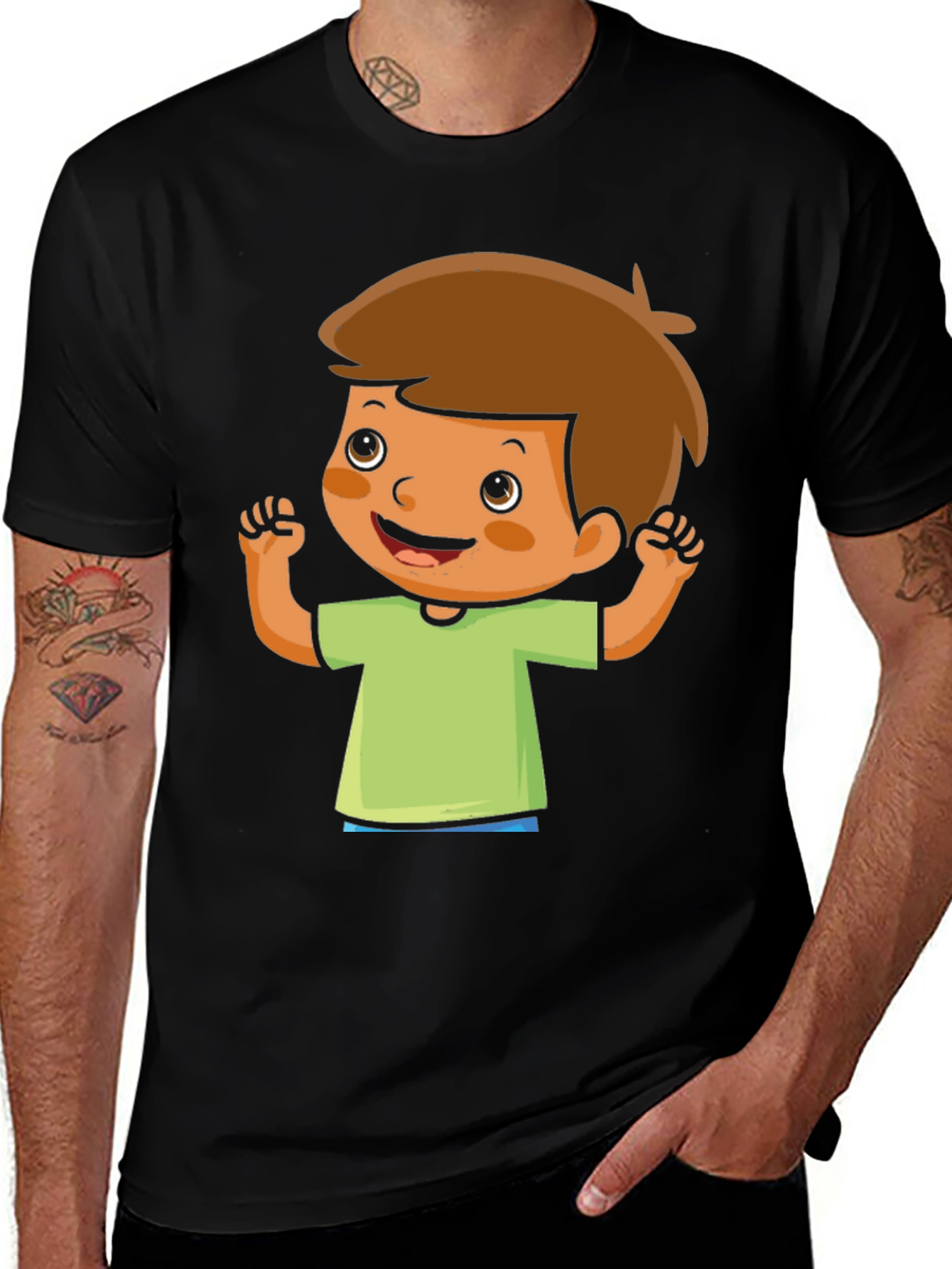 Variant 7 of Cartoon Boy Graphic Tee - Black Cotton Shirt
