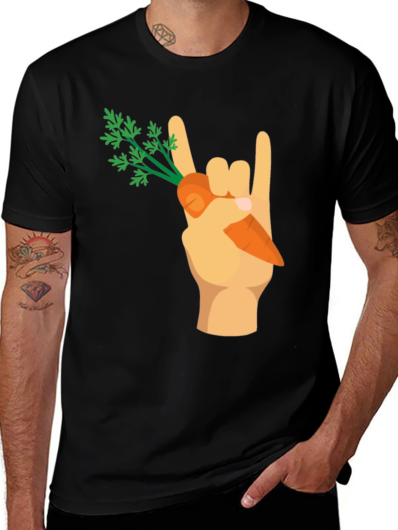 Variant 12 of Rock On Vegan T-Shirt - Carrot Hand Gesture