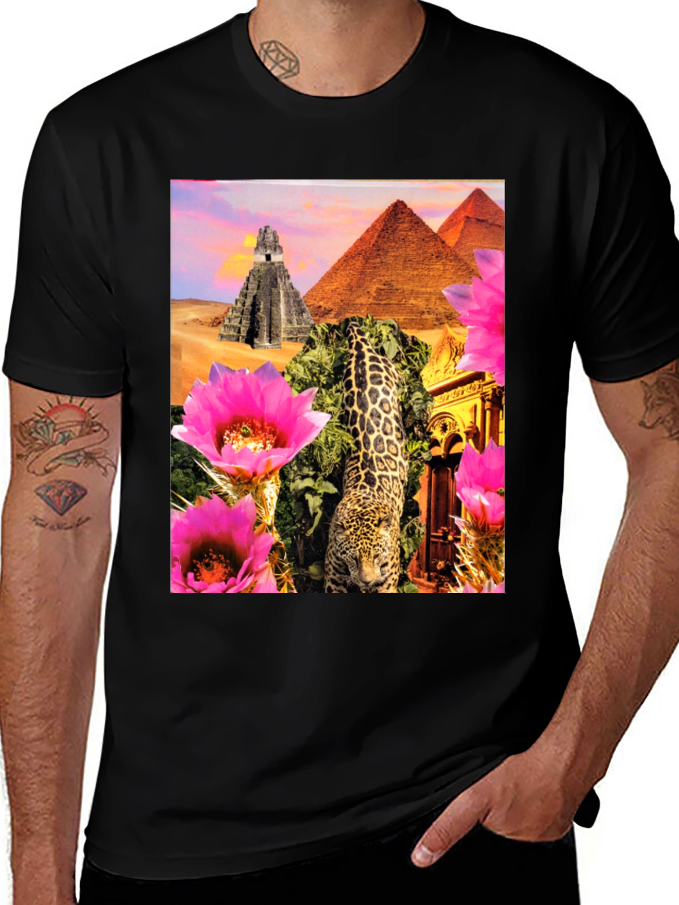 Variant 29 of Exotic Black T-Shirt: Pyramids, Jaguar, Flowers