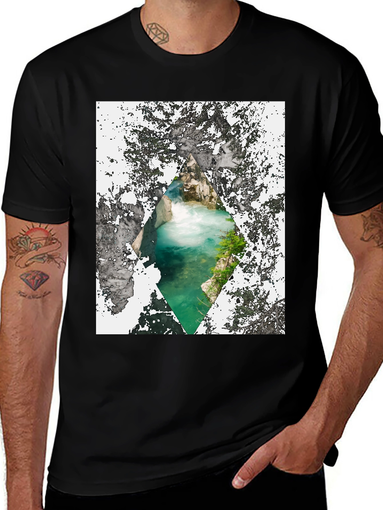 Abstract Waterfall Graphic Black T-Shirt