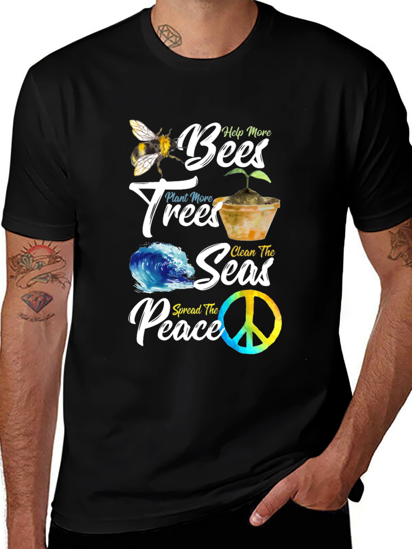 Variant 8 of Eco-Friendly Graphic Tee: Bees, Trees, Seas, Peace