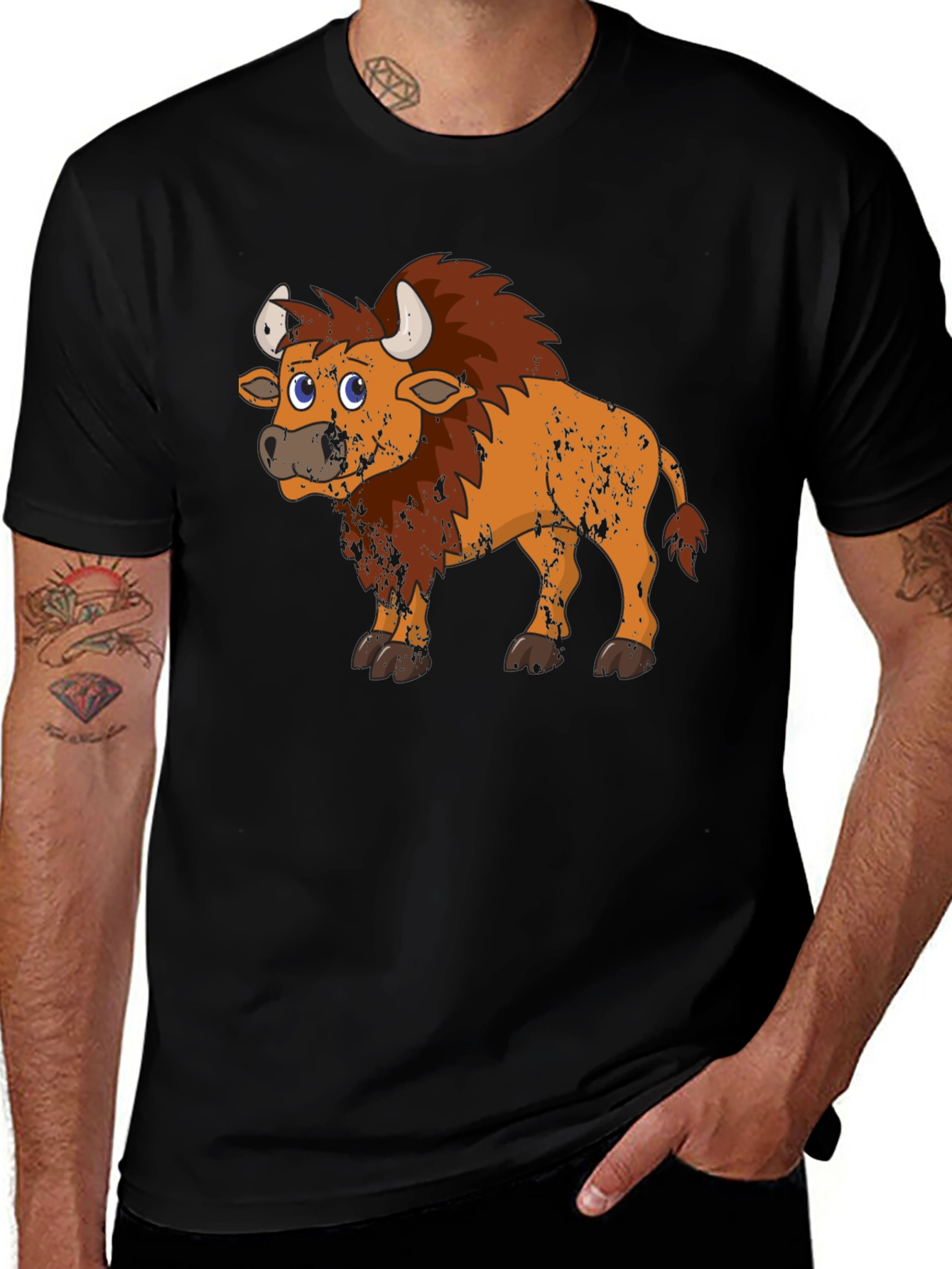 Variant 2 of Cartoon Bison Graphic Tee - Black T-Shirt