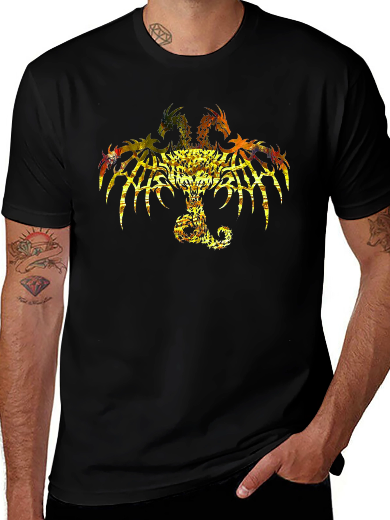 Variant 6 of Three-Headed Dragon Graphic Print Black Tee