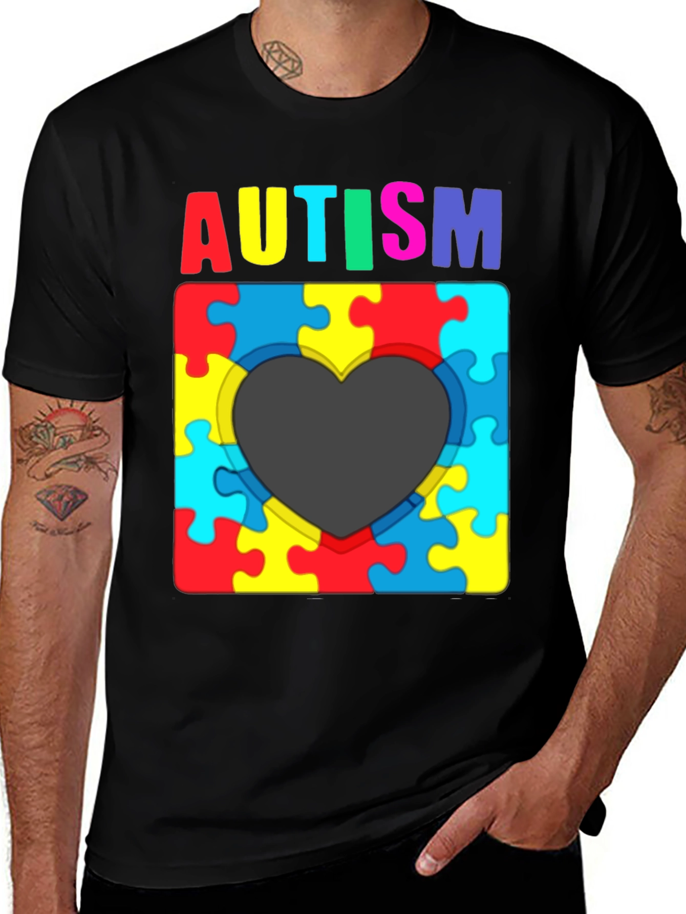Black Autism Awareness Puzzle Heart T-Shirt main image