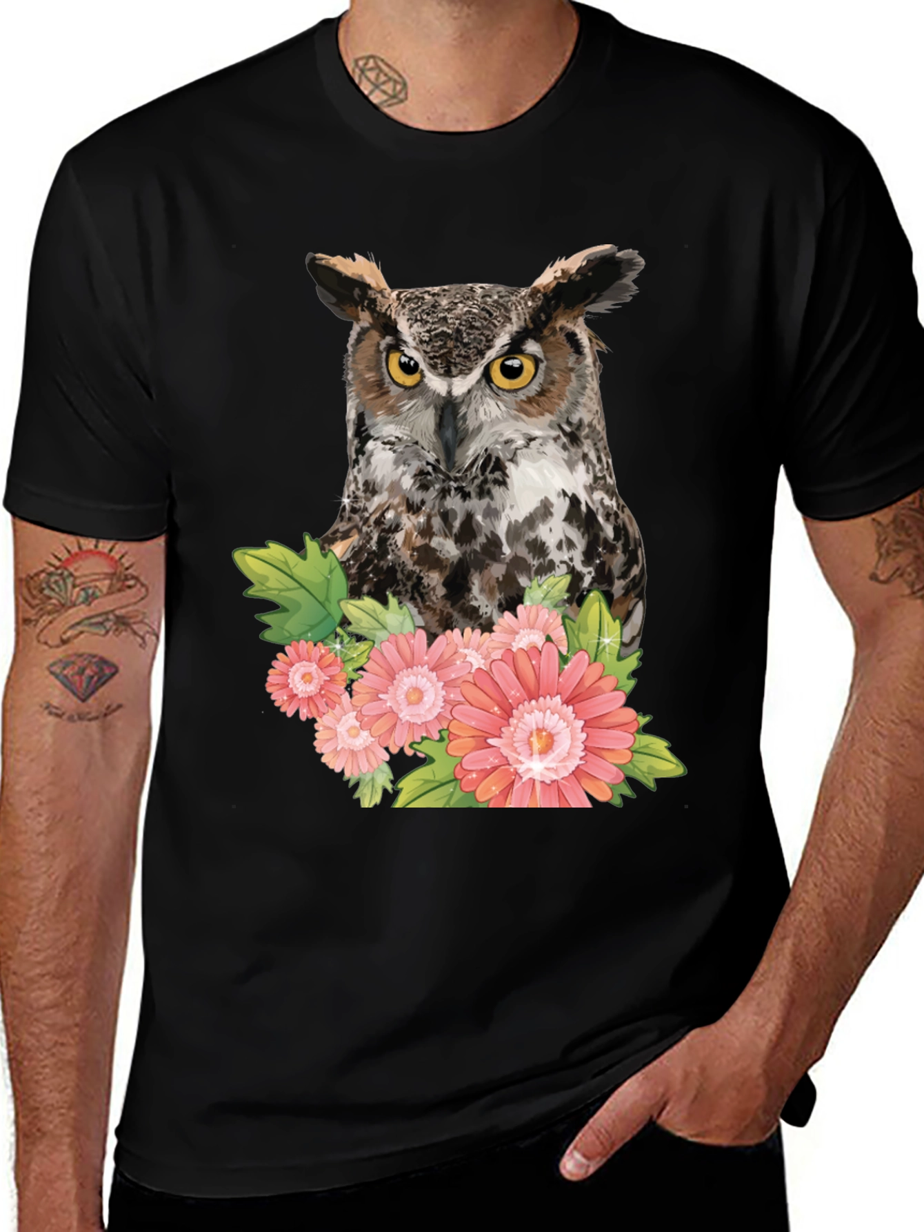 Owl & Flowers Graphic Tee - Men's Black T-Shirt