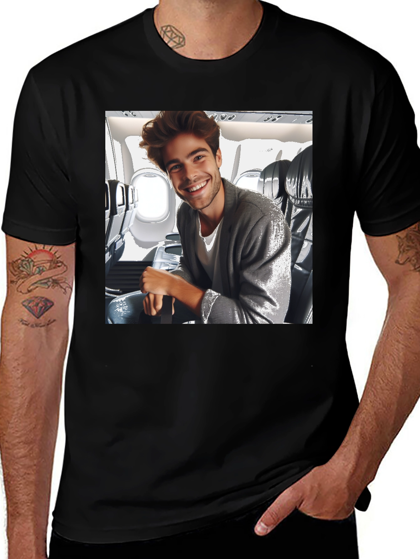 Variant 6 of Stylish Man on Airplane Graphic Tee - Black