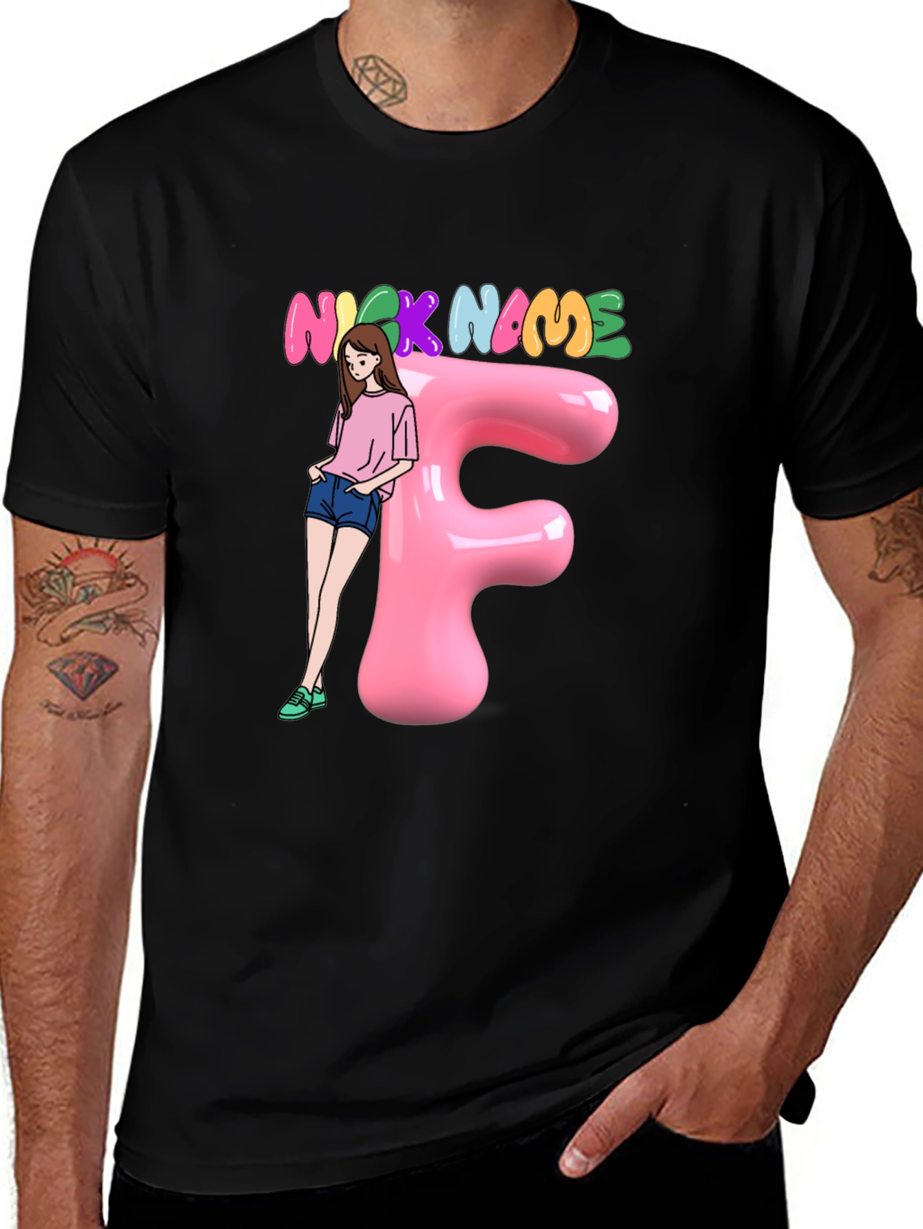 Variant 25 of Custom "F" Initial T-Shirt with Girl and "Nick Name" Design