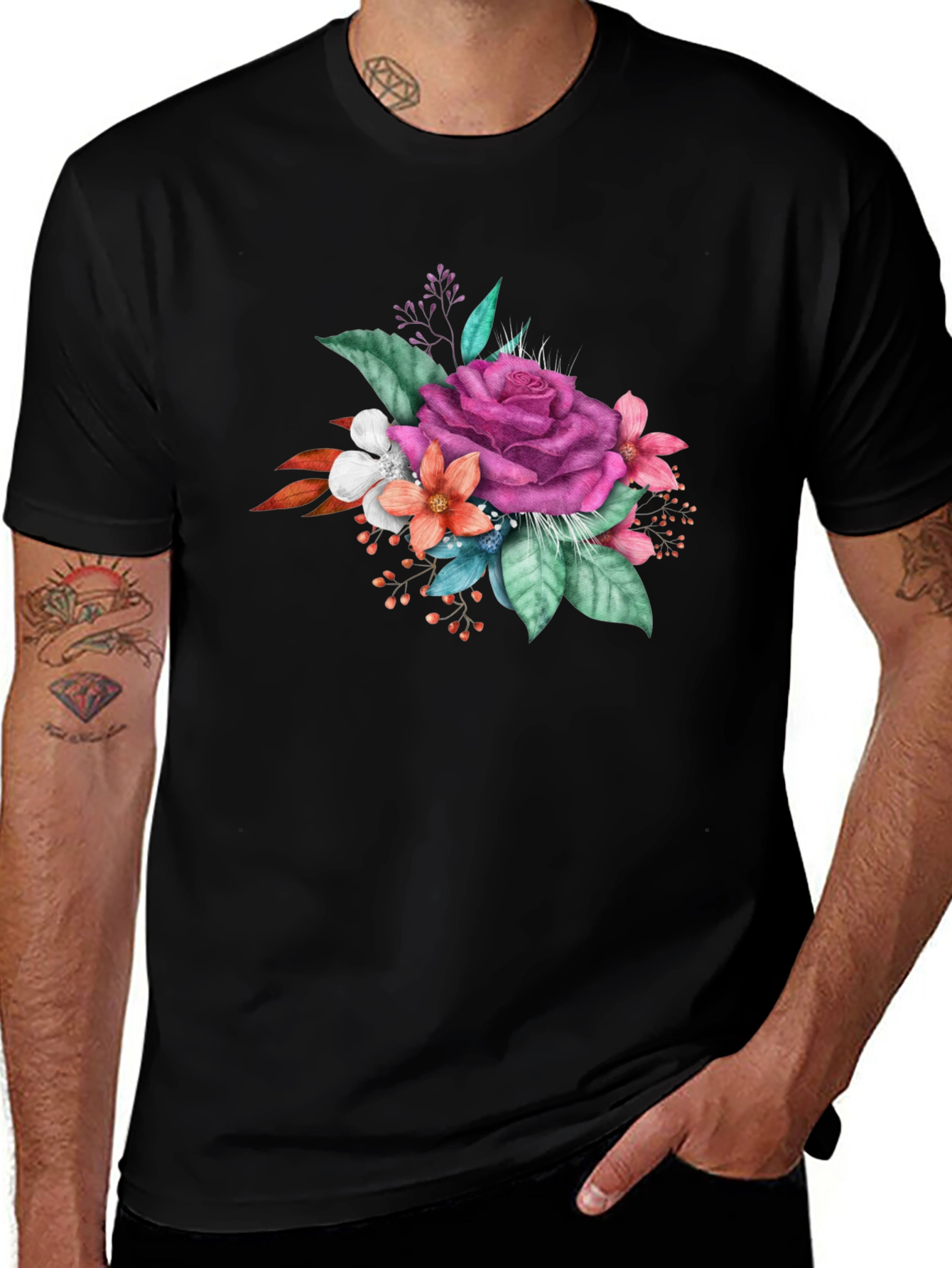 Variant 2 of Floral Bouquet Graphic Tee - Black Cotton Blend