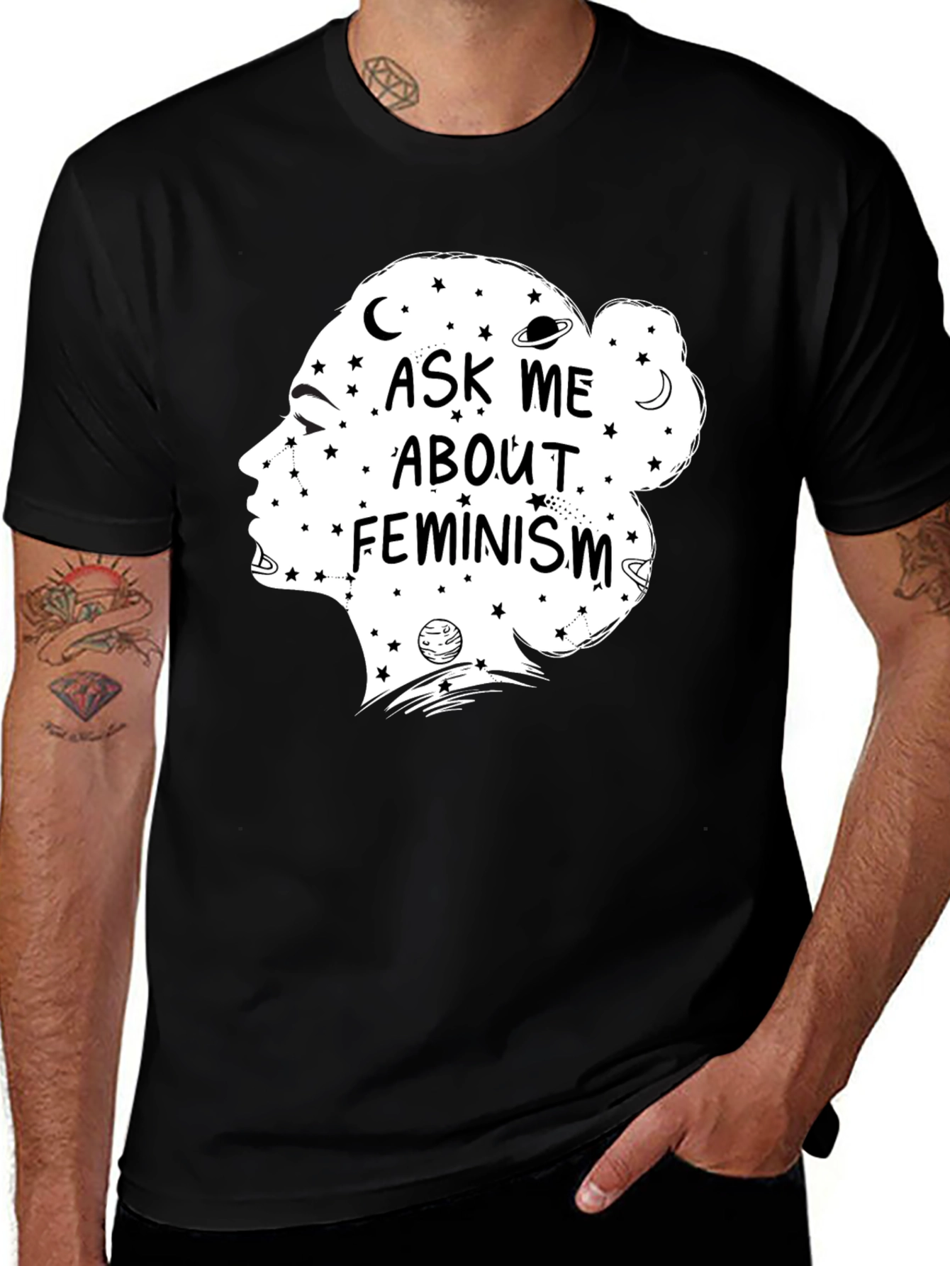 Variant 14 of Feminist Space Tee - Ask Me About Feminism Black Cotton T-Shirt