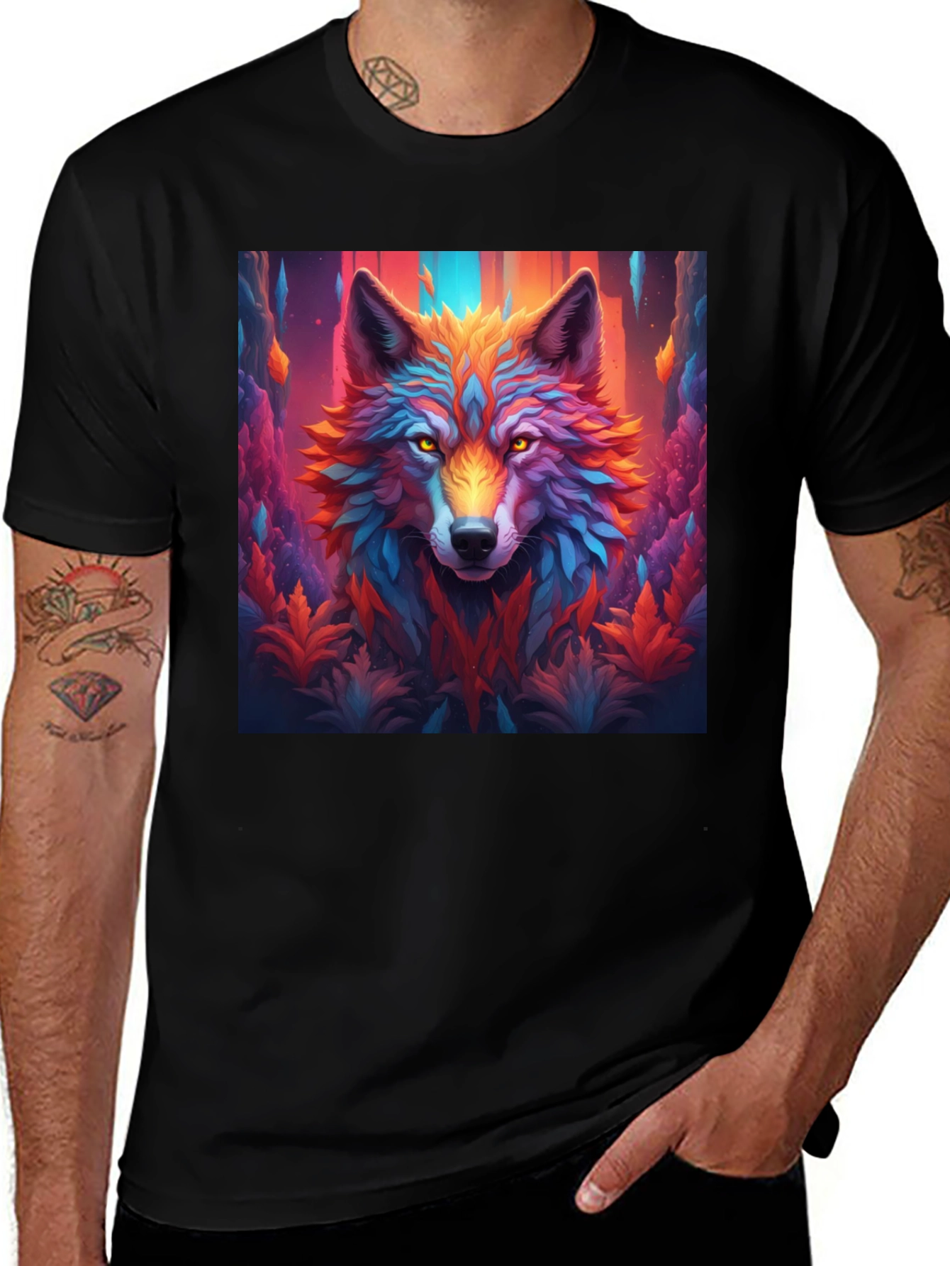 Variant 25 of Vibrant Wolf Graphic Black T-Shirt - Eye-Catching Design