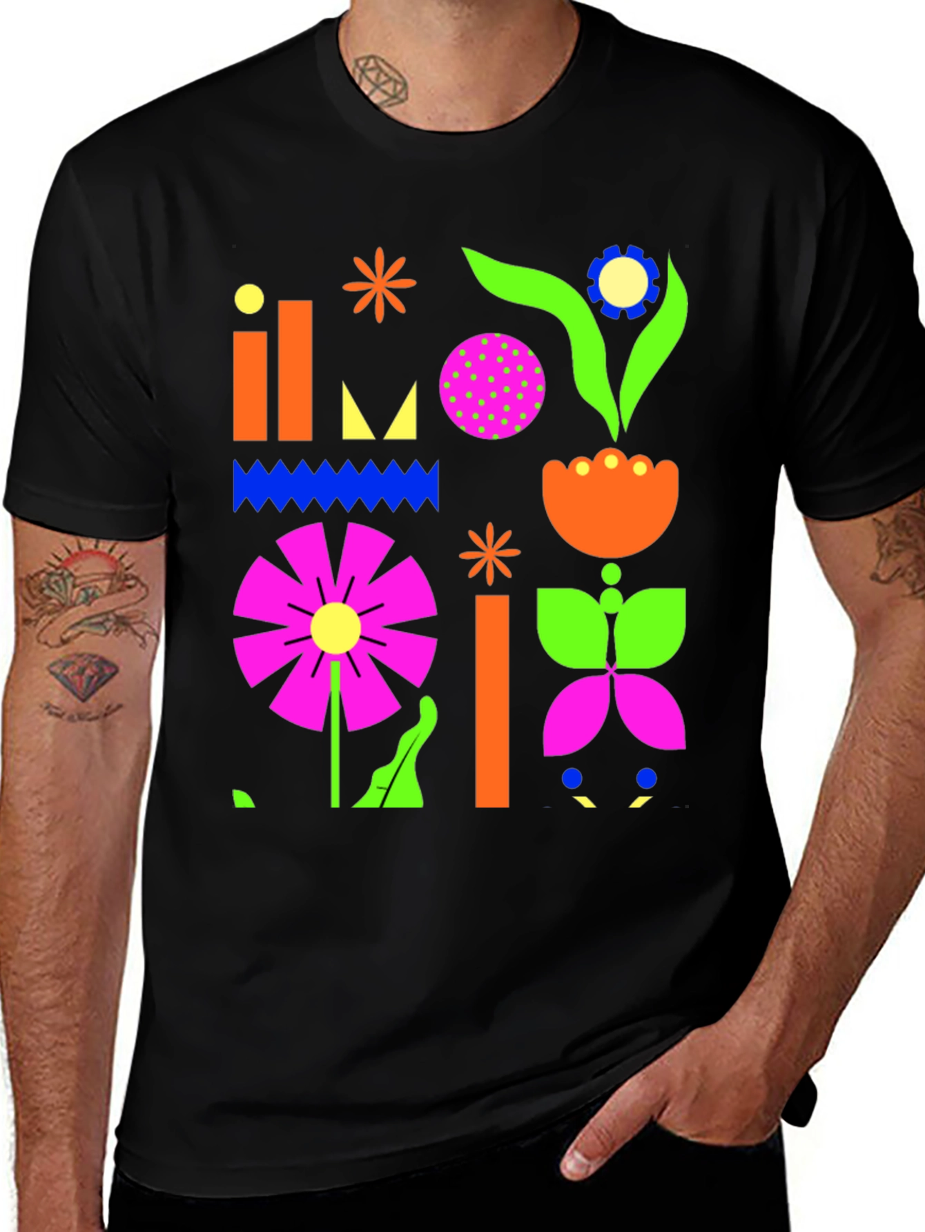 Variant 18 of Geometric Flower Print Black T-Shirt