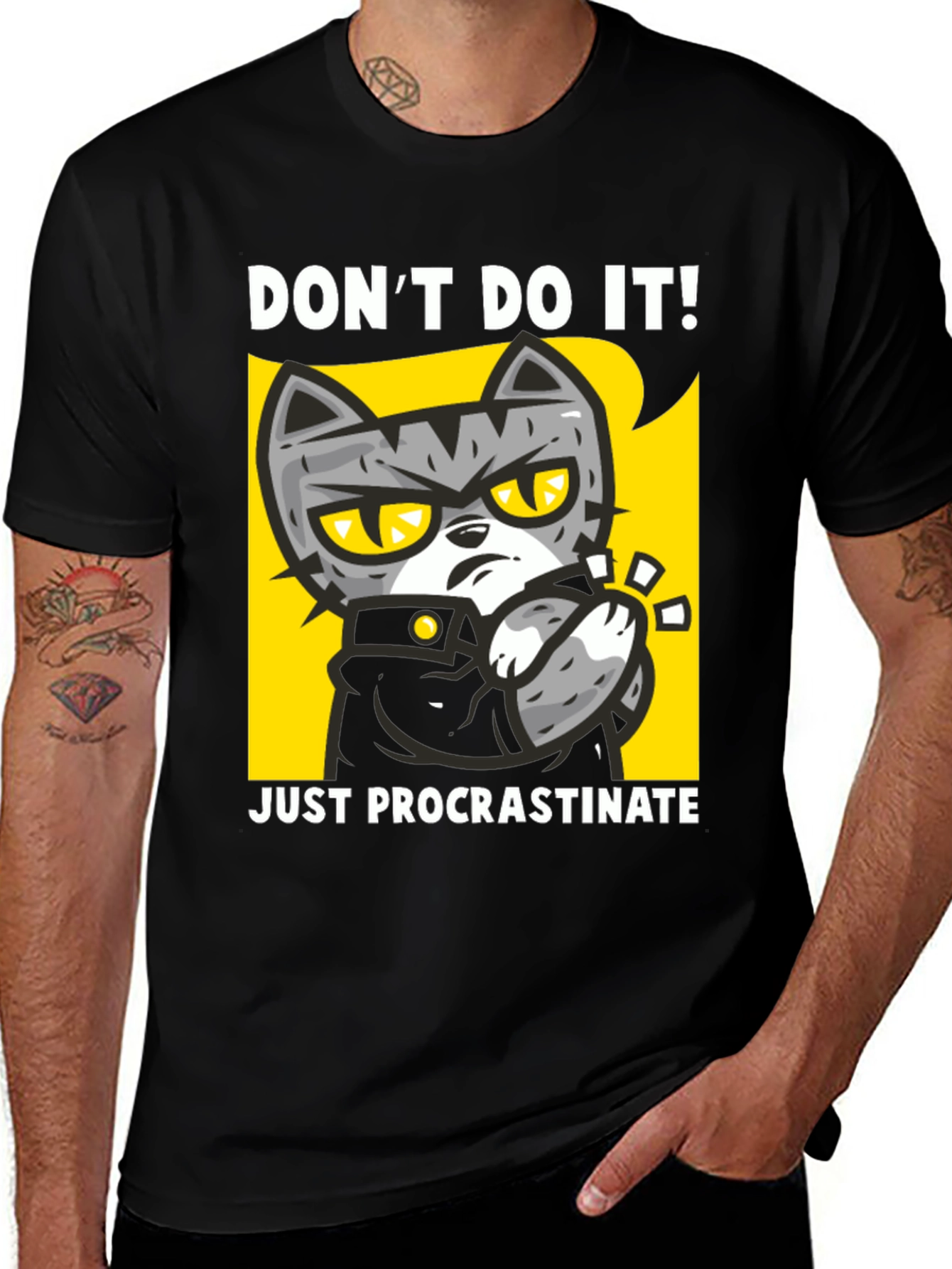 Black Funny Procrastinate Cat Graphic Black T-Shirt main image