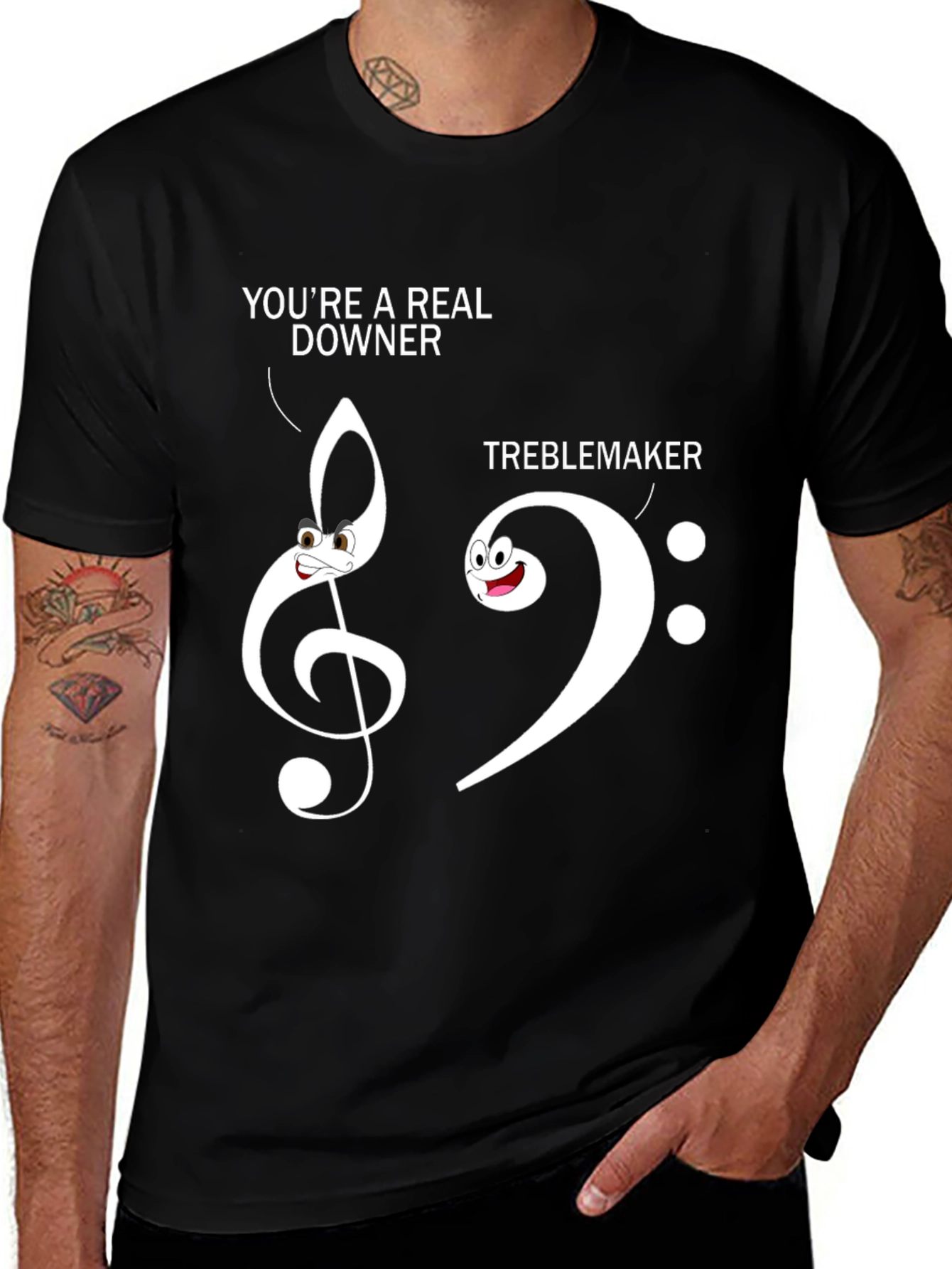Variant 19 of Funny Music Pun T-Shirt - Treble Clef Bass Clef "Downer" Tee