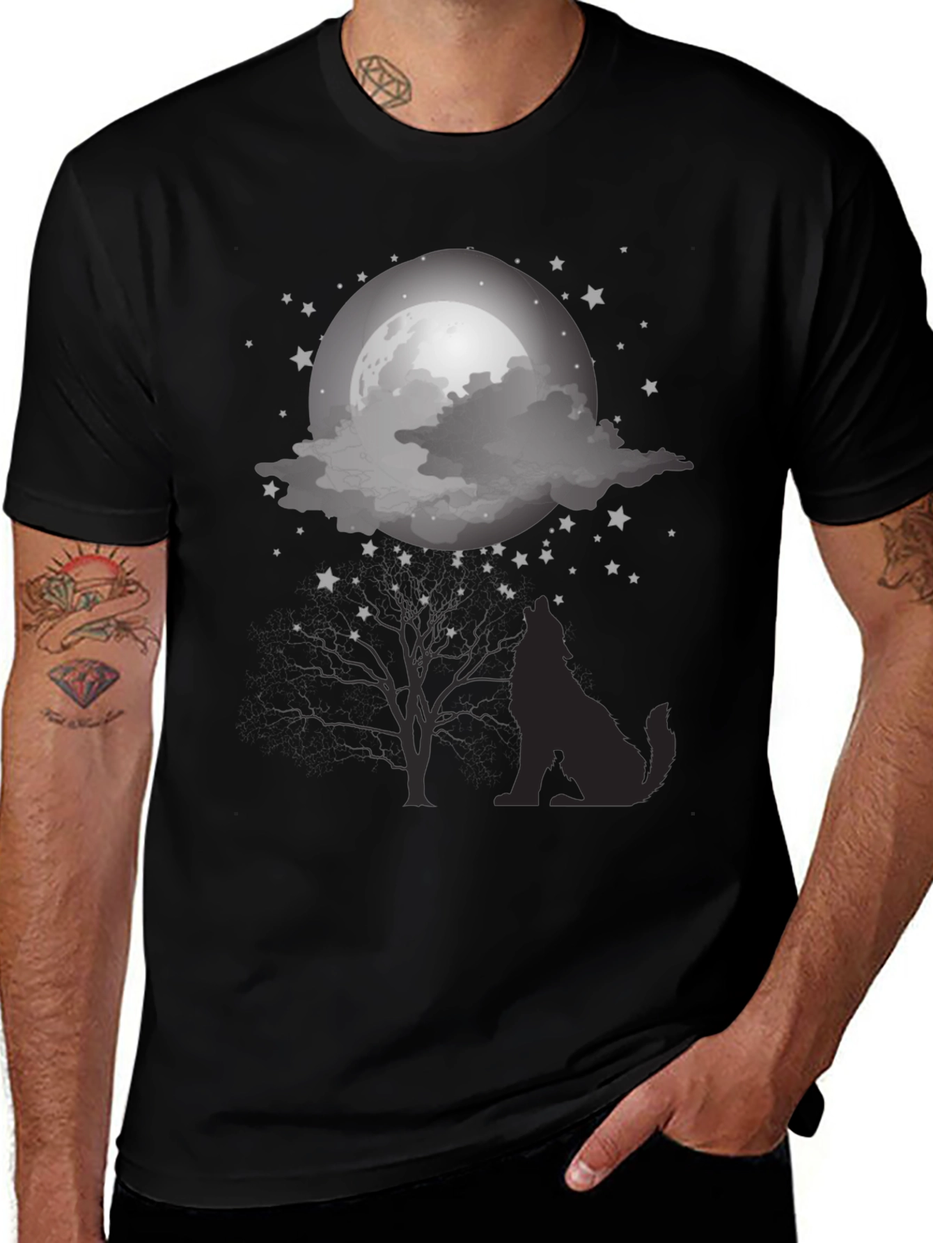 Variant 18 of Wolf Moon Graphic Tee - Night Sky Silhouette Design