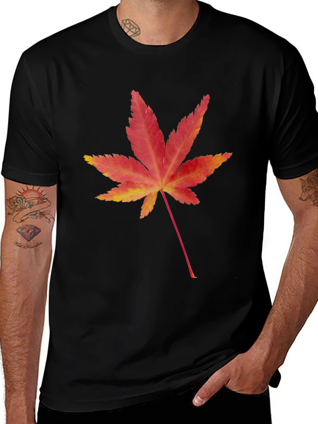 Maple Leaf Print Black T-Shirt