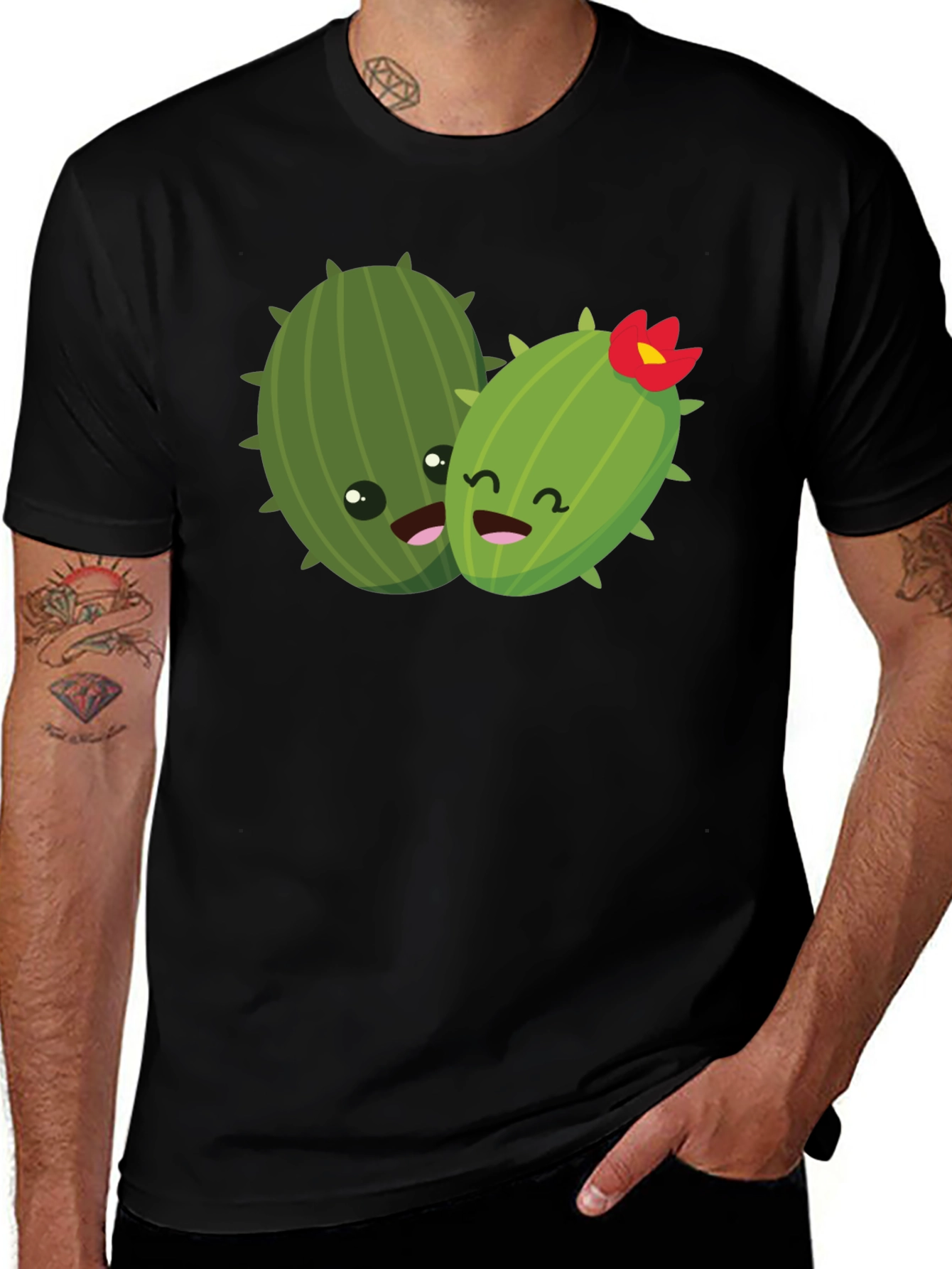 Variant 15 of Cute Cactus Couple Graphic Tee - Black