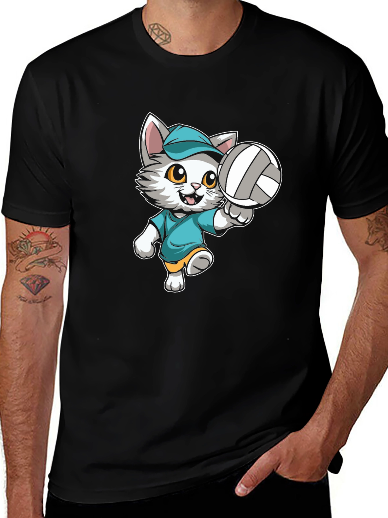 Variant 15 of Cute Cartoon Cat Volleyball Player Black T-Shirt