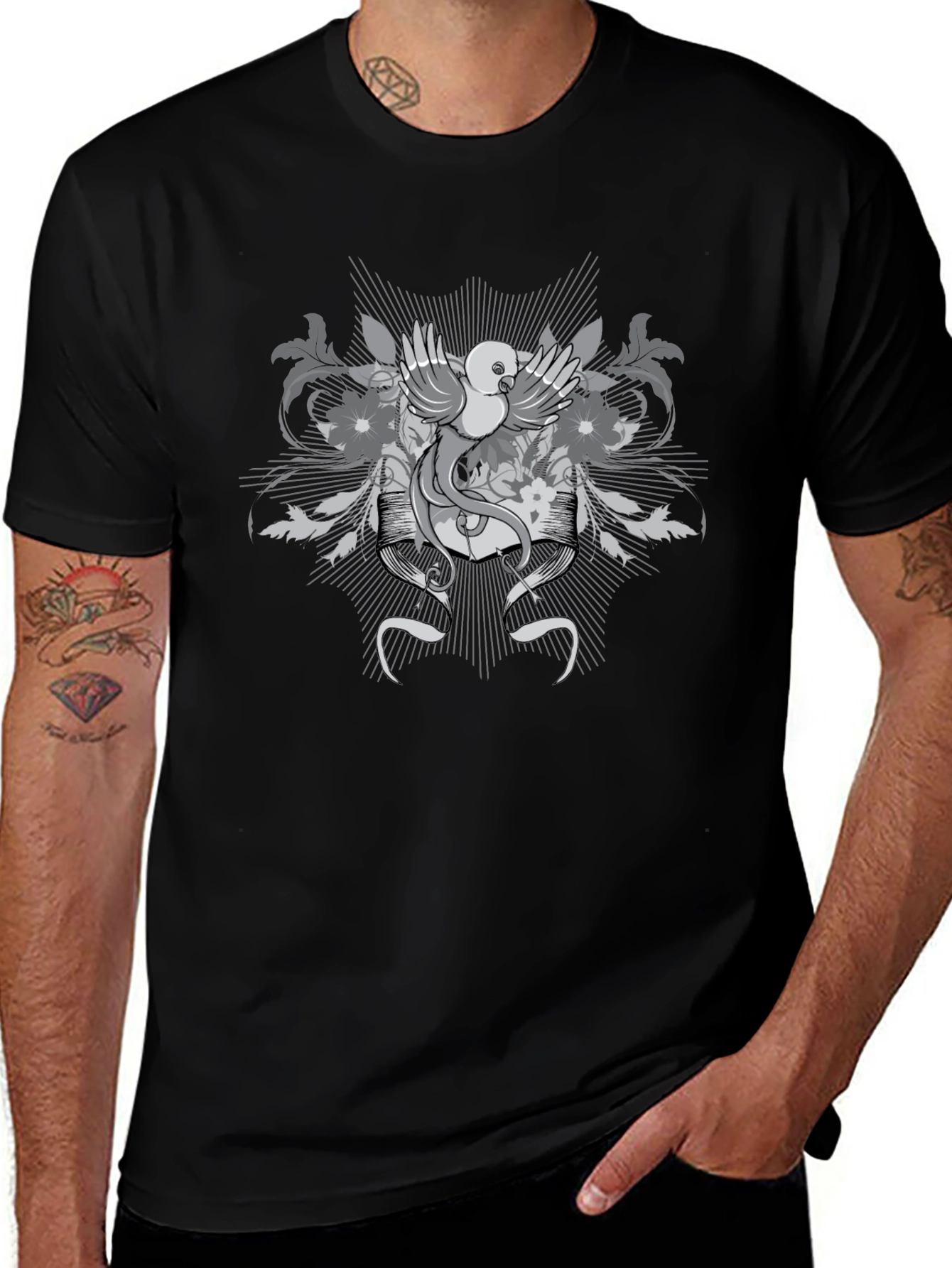 Variant 5 of Black T-Shirt with Bird & Floral Graphic