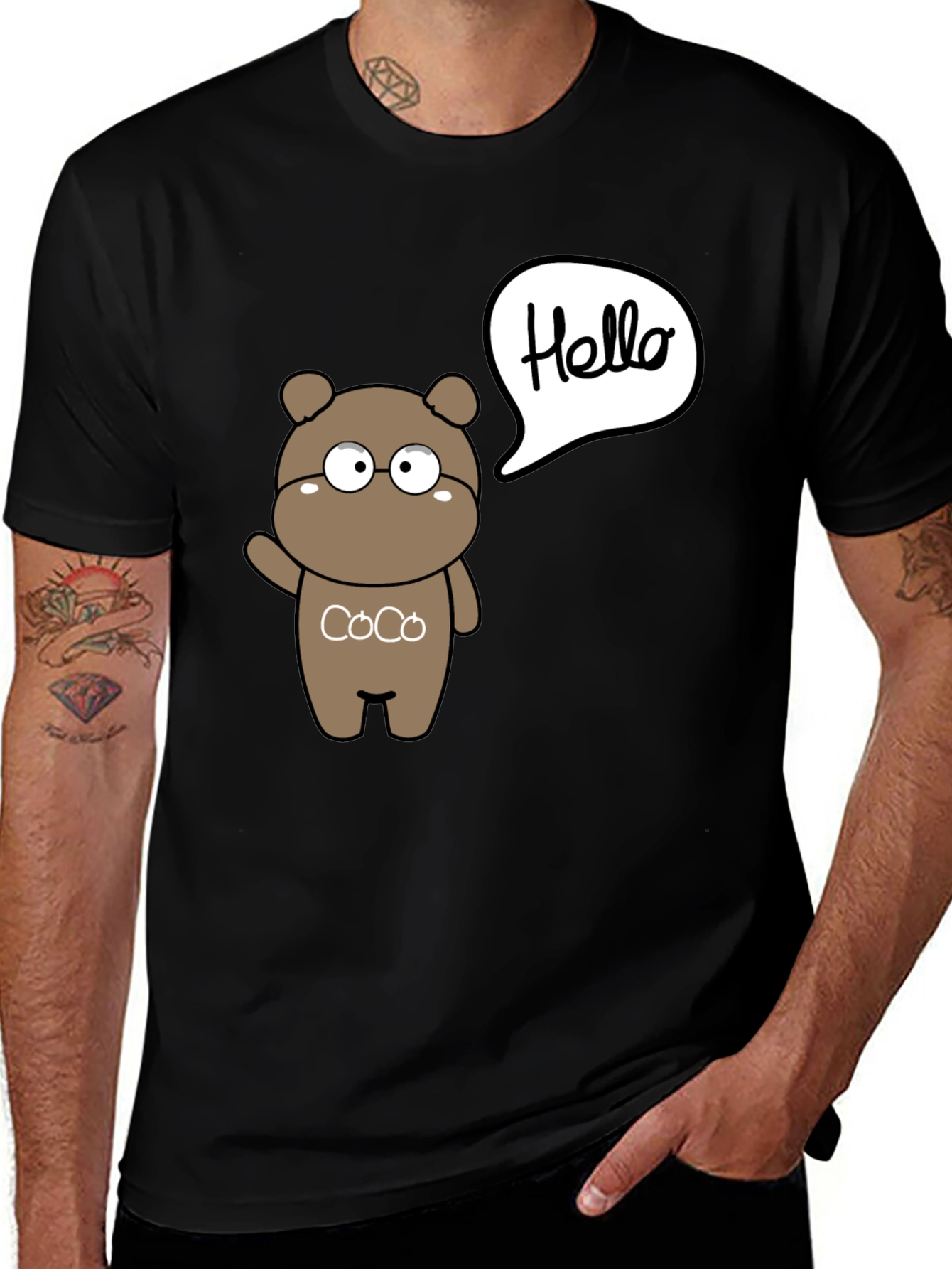 Variant 11 of Cute Cartoon Bear Hello Graphic Black T-Shirt