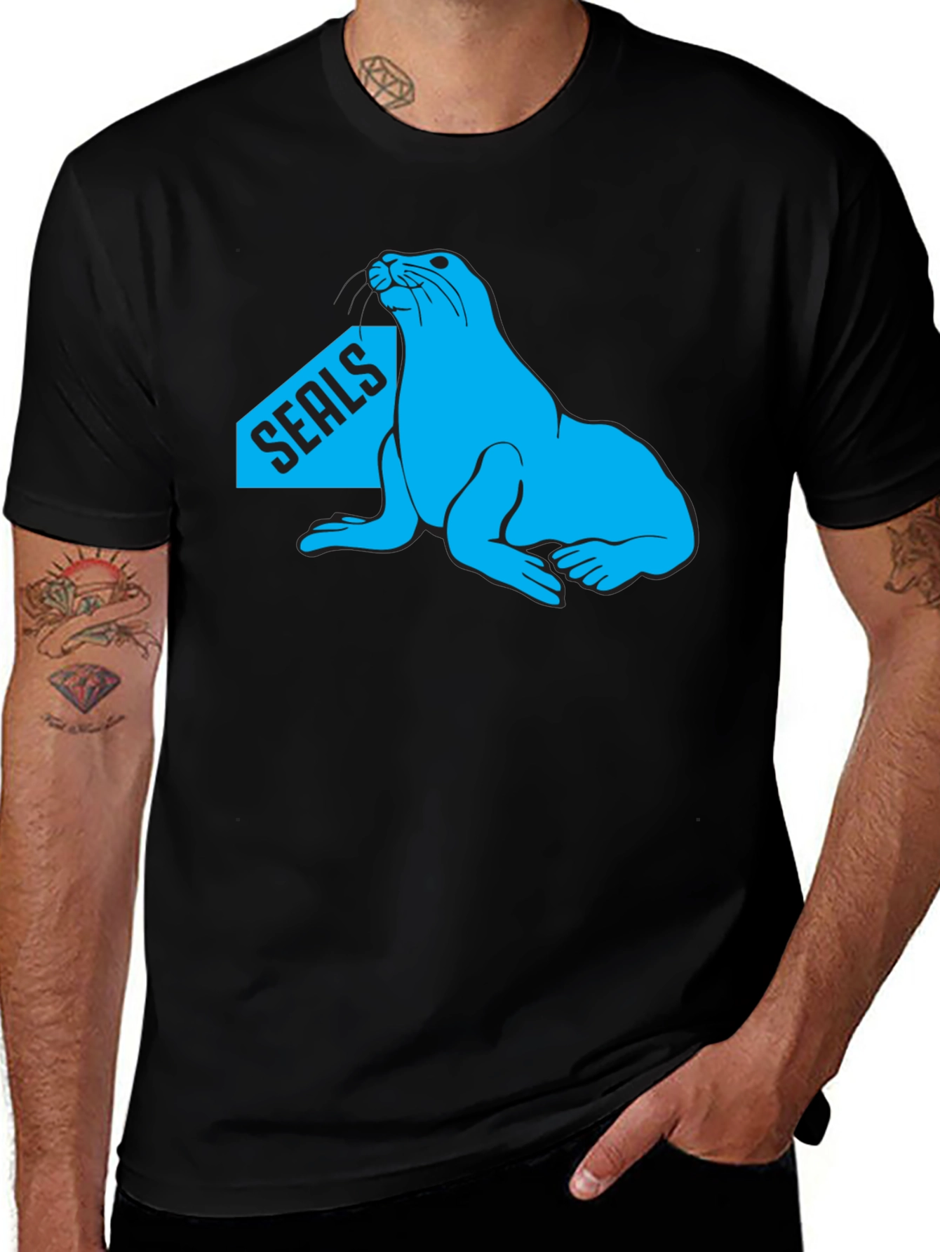 Variant 6 of Funny Seal T-Shirt - Blue Seal Design - Black Tee