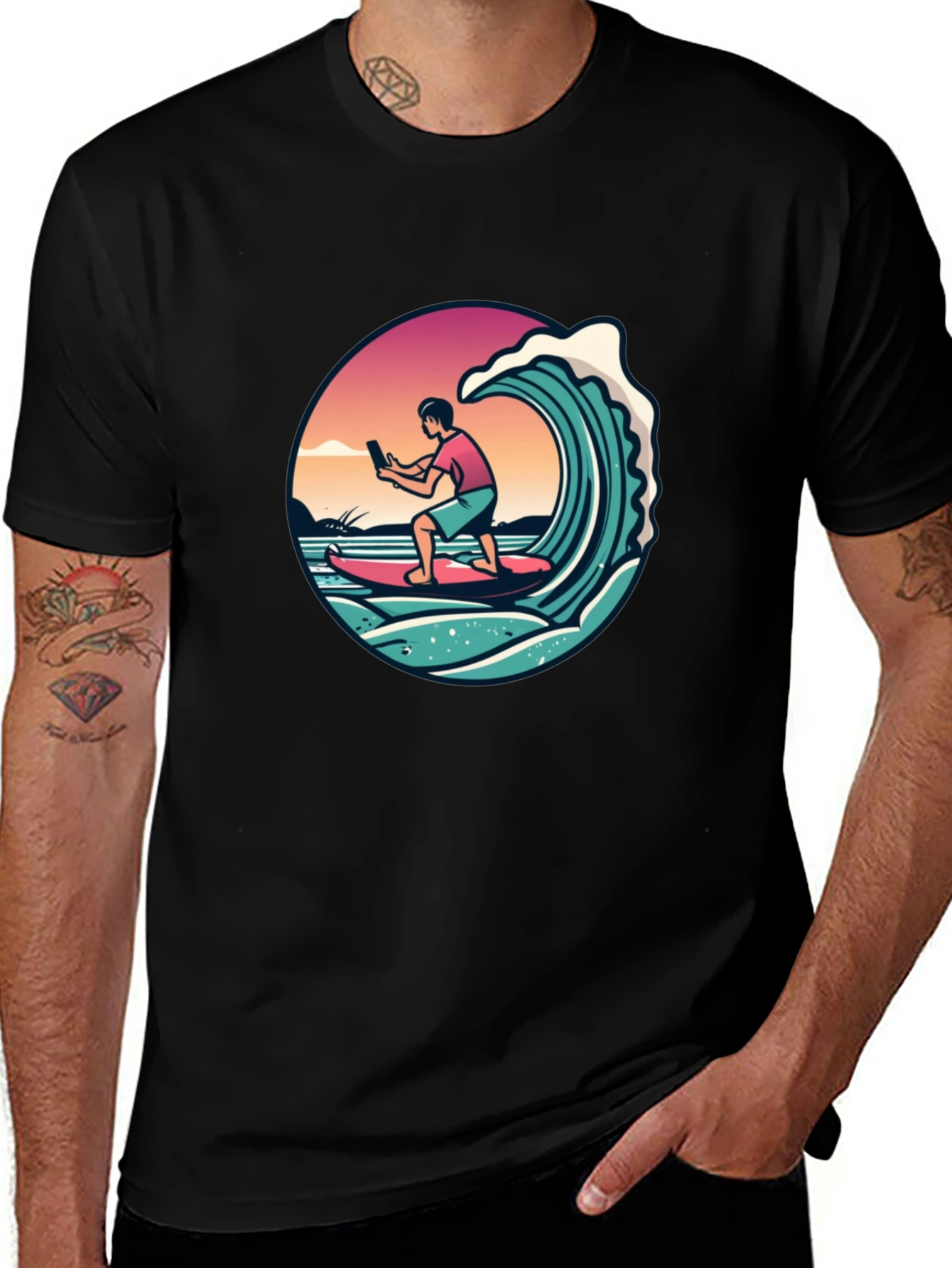 Surfing Selfie Black T-Shirt