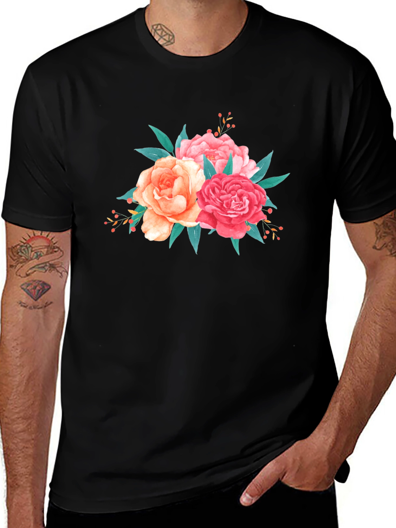 Floral Bouquet Graphic Tee - Soft Black T-Shirt