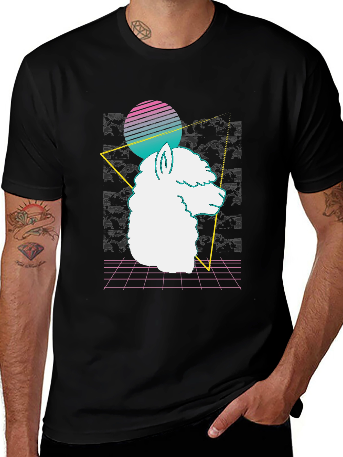 Variant 6 of Retro Alpaca T-Shirt - Black Cotton Graphic Tee