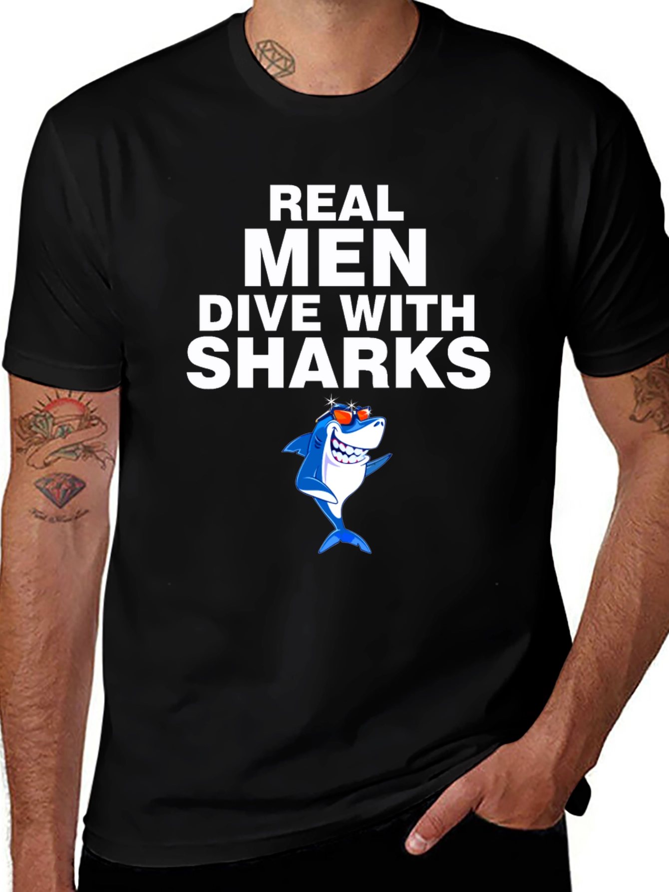 Variant 22 of Real Men Dive with Sharks T-Shirt - Fun Graphic Tee