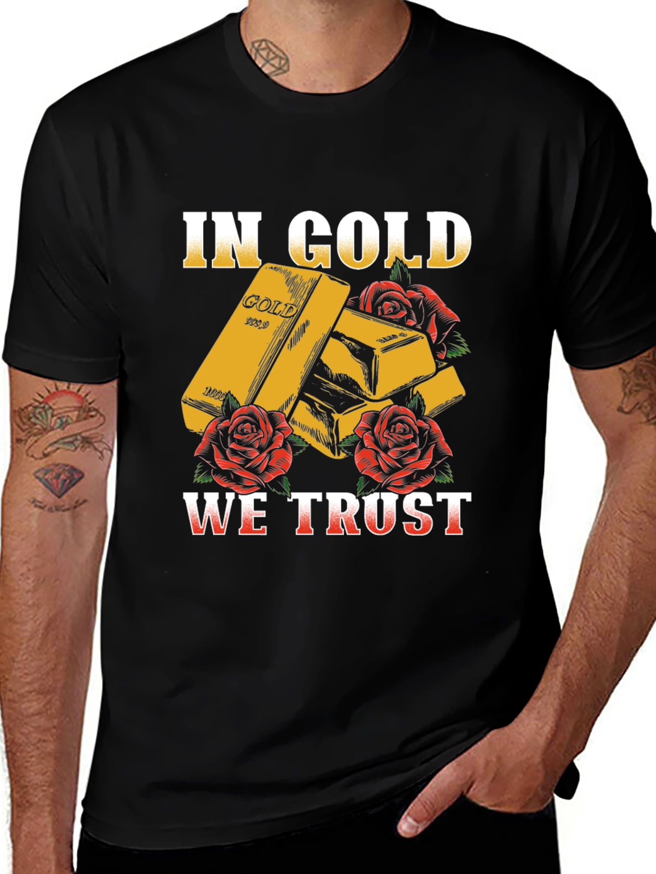 Variant 23 of Gold Bar & Rose T-Shirt - "In Gold We Trust" Graphic Tee