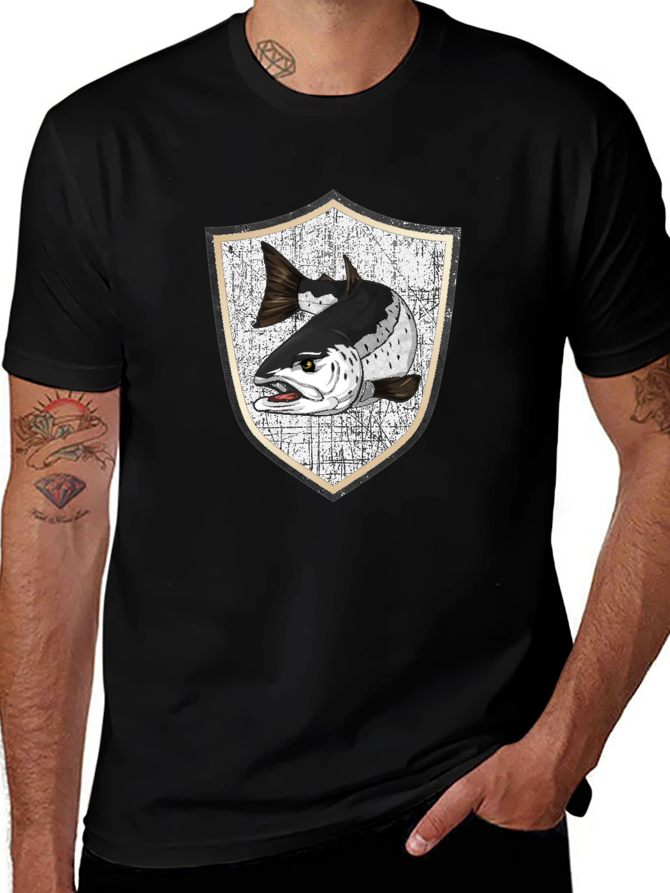 Men's Black T-Shirt with Fish Crest Graphic